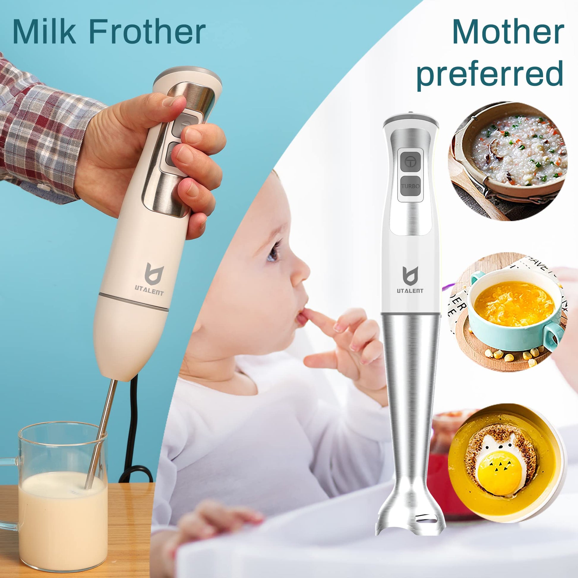 Immersion Hand Blender, Utalent 3-in-1 8-Speed Stick Blender with Milk Frother, Egg Whisk for Smoothies, Coffee Milk Foam, Puree Baby Food, Sauces and Soups - White