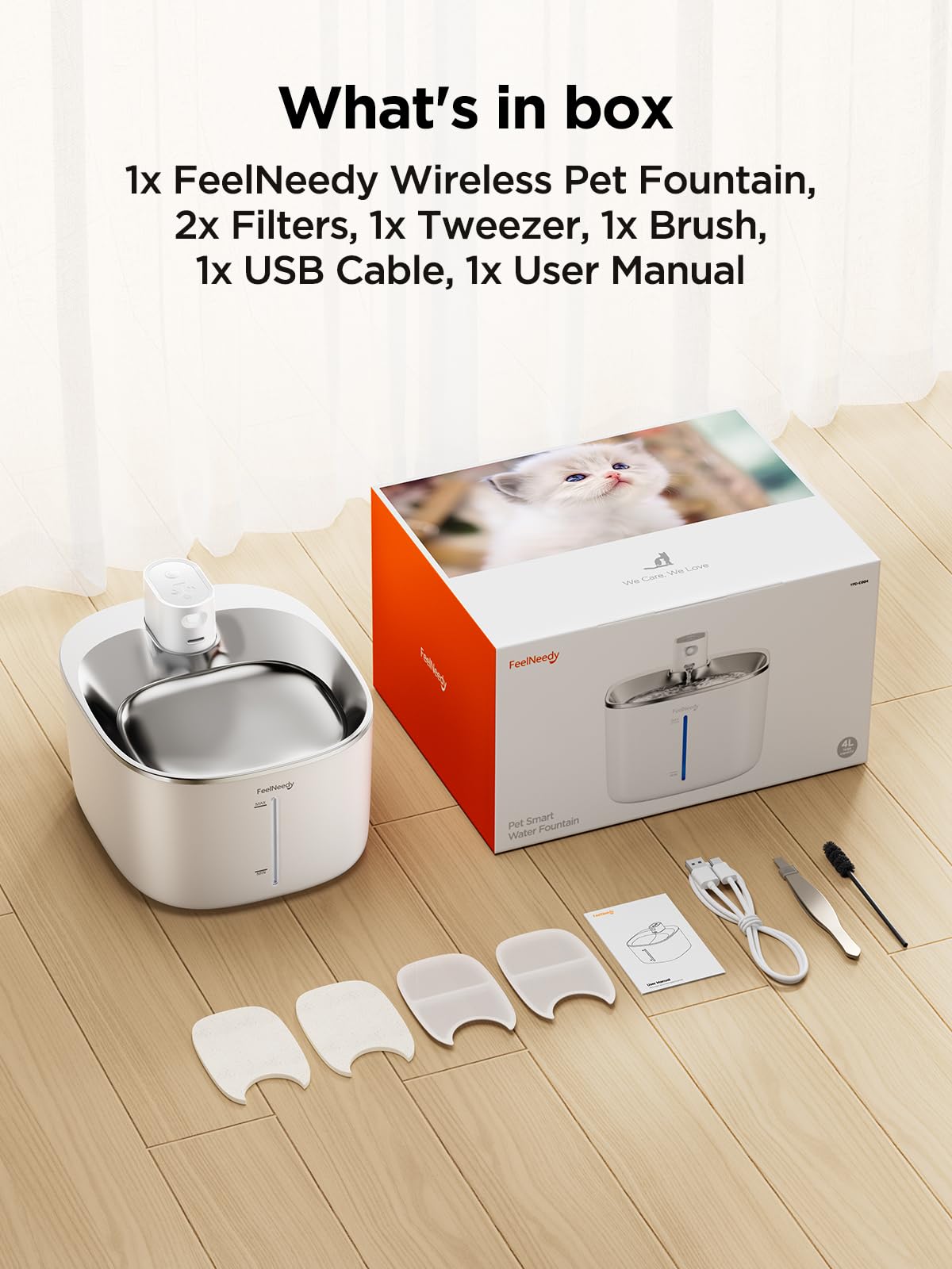 Fuente de Agua Inalámbrica Feelneedy Blanco Sensor de Movimiento Ultra Silenciosa para Mascotas 4L para Gatos y Perros