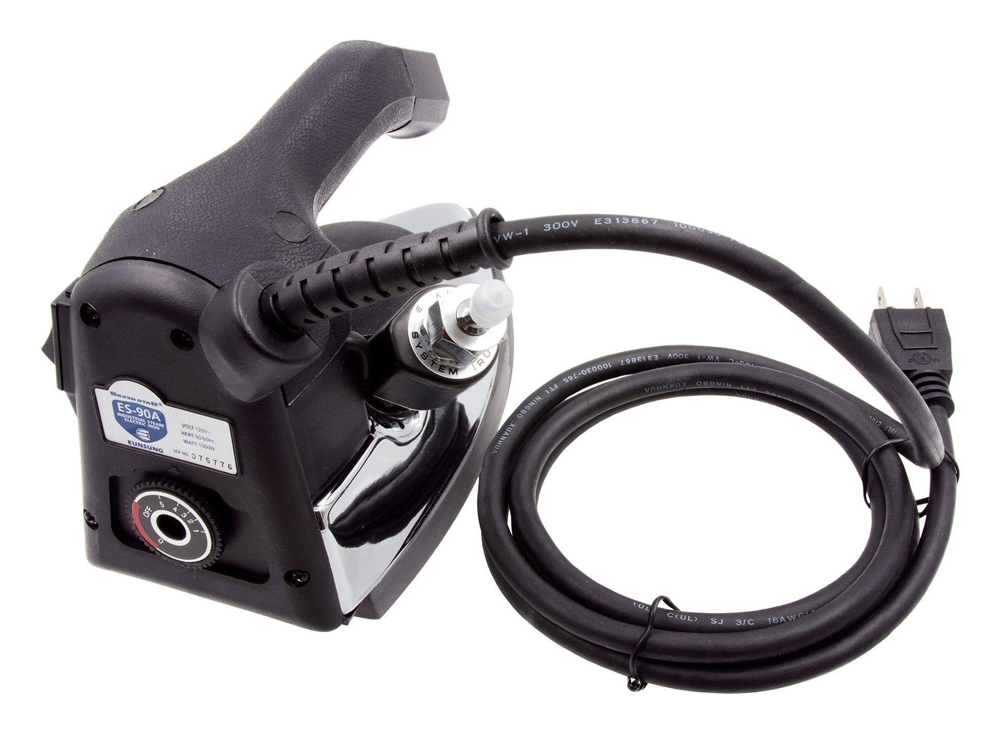 Silver Star ES-90A Plancha de vapor - Botella colgante alimentada por gravedad de 110 voltios, plancha con suela laminada antiadherente, cartucho desmineralizador, soporte de hierro de silicona y