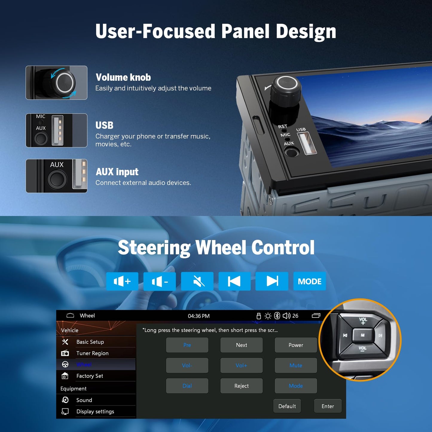 Eonon - Estéreo de coche DIN único de 6.4 pulgadas, inalámbrico CarPlay y Android Auto, visualización táctil IPS (1280 x 480), ST TDA7851 Amp, cámara de respaldo, control de dirección, Bluetooth 5.3