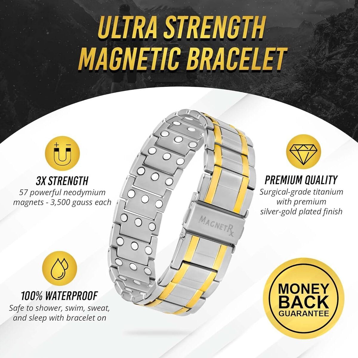 MagnetRX® Titanium Magnetic Bracelet – Magnetic Bracelets for Men – Premium Fold-Over Clasp & Adjustable Length with Sizing Tool (Silver & Gold)