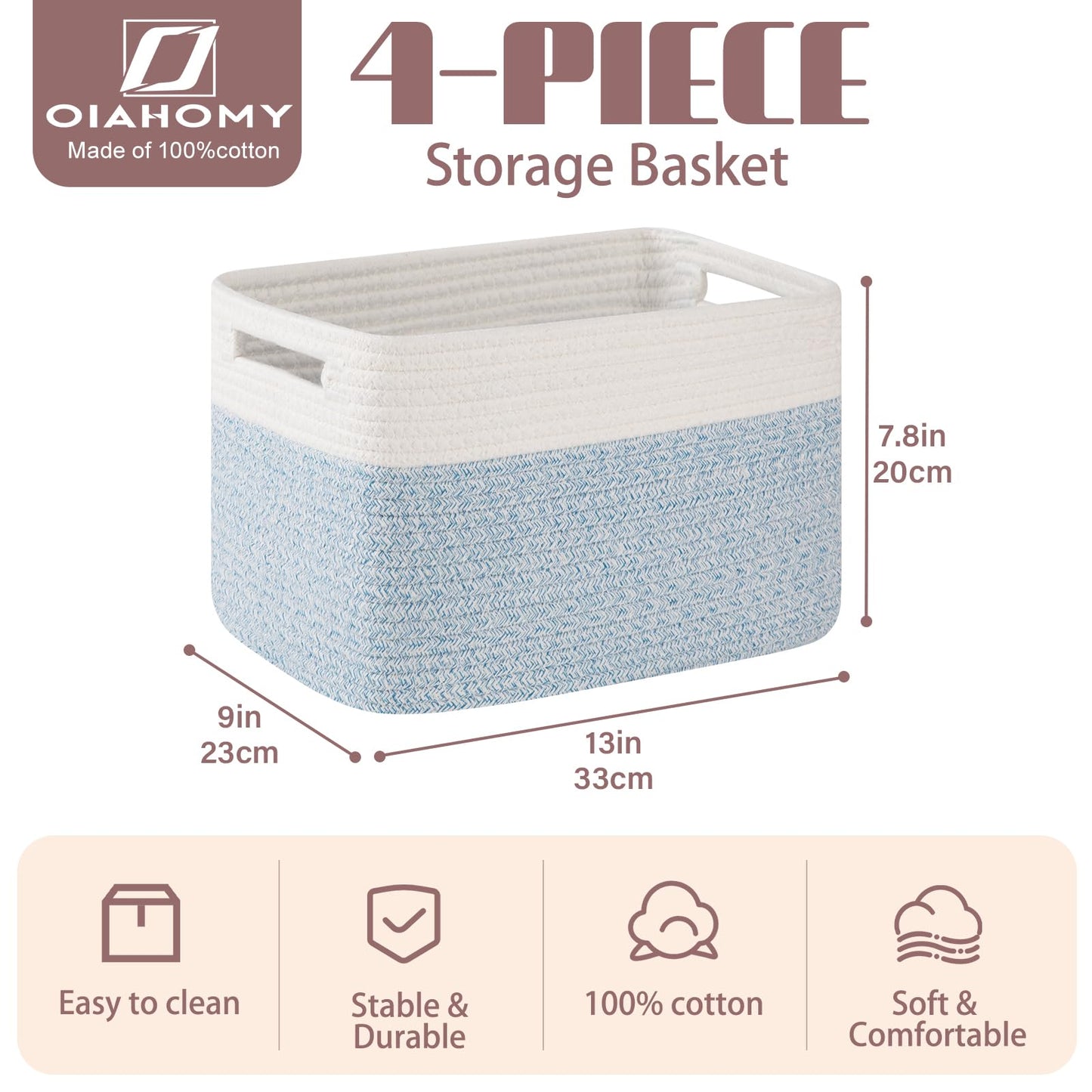 OIAHOMY - Paquete de 4 cestas de almacenamiento para organizar, cesta para estantes con asa, cestas tejidas para guardar juguetes, toallas, libros, cesta de cuerda de algodón, 13 pulgadas de largo x 9