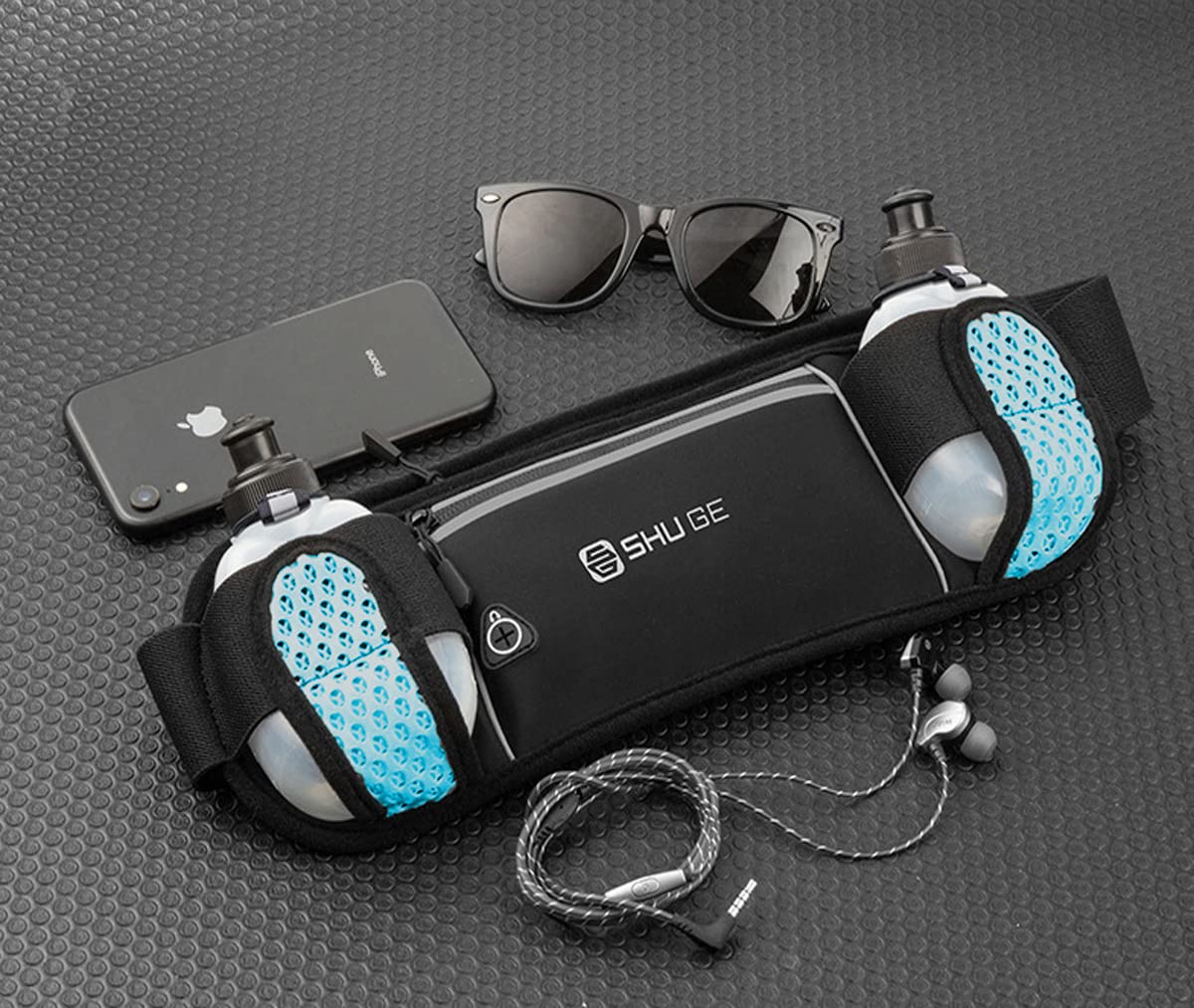 Cangurera Deportiva con Botellas de Agua Azul para Maratón y Correr