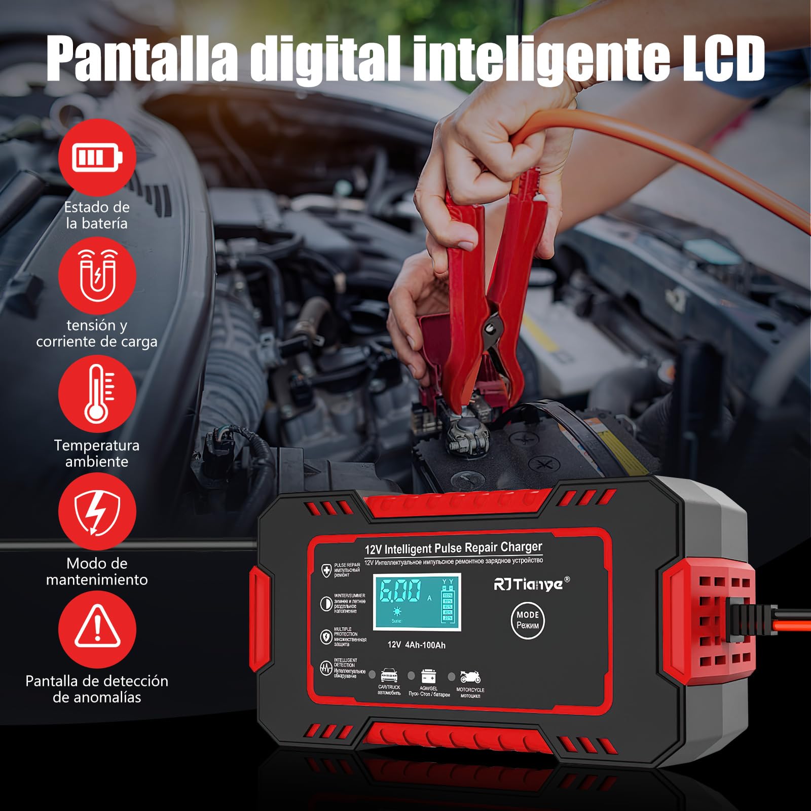 Cargador de Bateria de Auto, con LCD Pantalla 12V 6A , Arrancador de Bateria Ajuste de Corriente Inteligente para Cargar y Proteger, cargar baterías GEL, AGM, WET, Aplica a Auto, Excavadoras