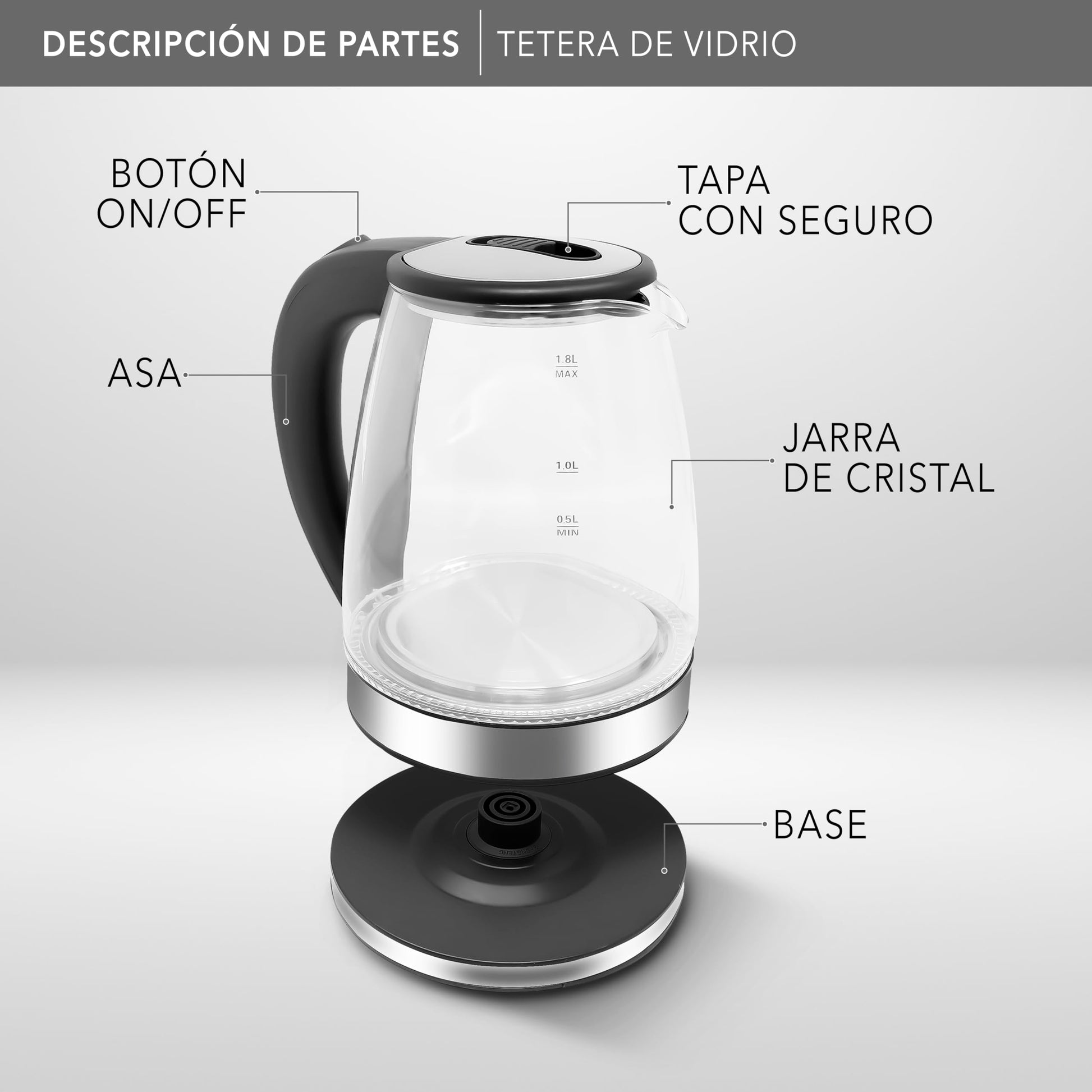 Tetera Eléctrica RCA Vidrio LED 1.8L con Apagado Automático y Protecciones.
