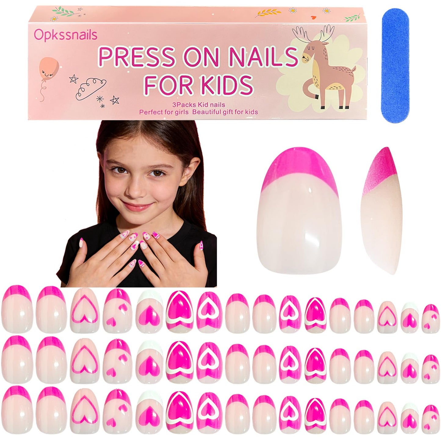 OPkssnails 96 uñas postizas para niños, 3 paquetes de uñas postizas rosas con forma de corazón para niñas adolescentes de 8 a 12 años, uñas postizas ovaladas cortas con lima pulidora, 16 tamaños.
