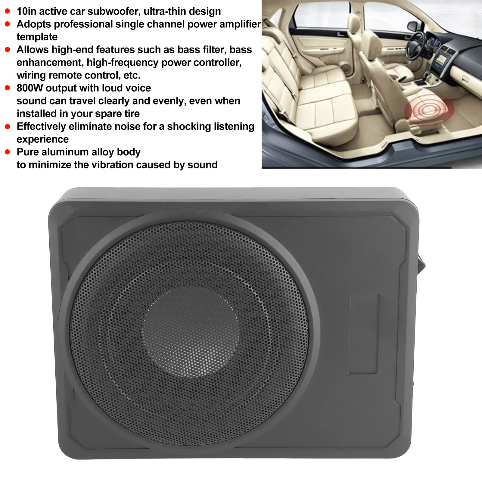 Subwoofer Compacto para Debajo del Asiento de 800 W, 10 Pulgadas, Subwoofer Delgado de 13,6 X 10,2 X 2,7 Pulgadas para Camión, Subwoofer para Automóvil, Amplificador Delgado,