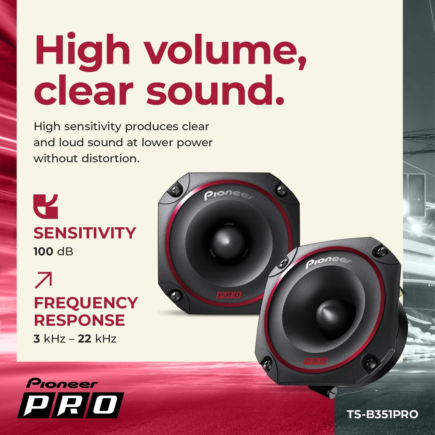 Tweeters Pioneer Serie PRO TS-B351PRO 3.5 Pulgadas 250W Estilo Bala para Audio de Coche de Alto SPL Profesional