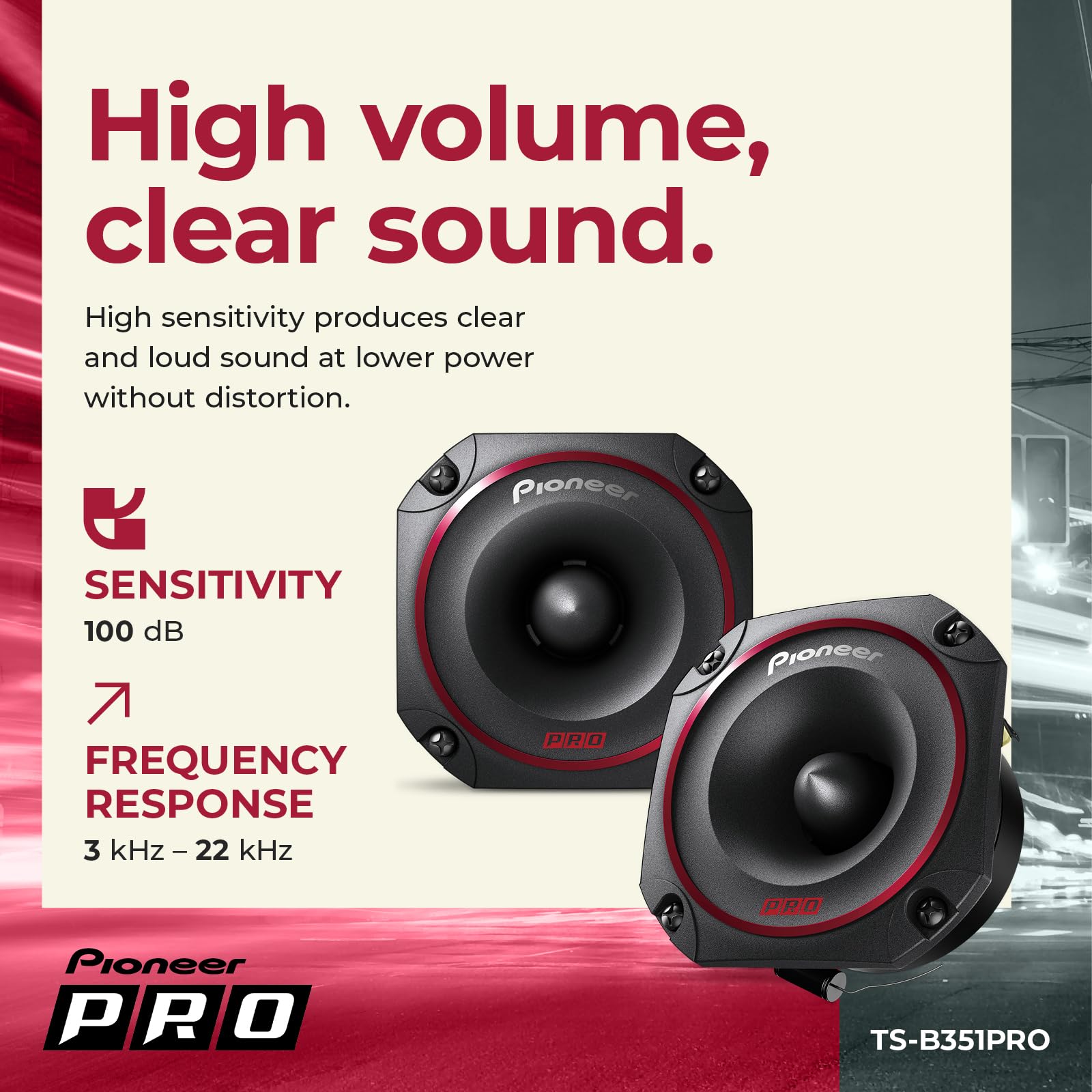 Tweeters Pioneer Serie PRO TS-B351PRO 3.5 Pulgadas 250W Estilo Bala para Audio de Coche de Alto SPL Profesional