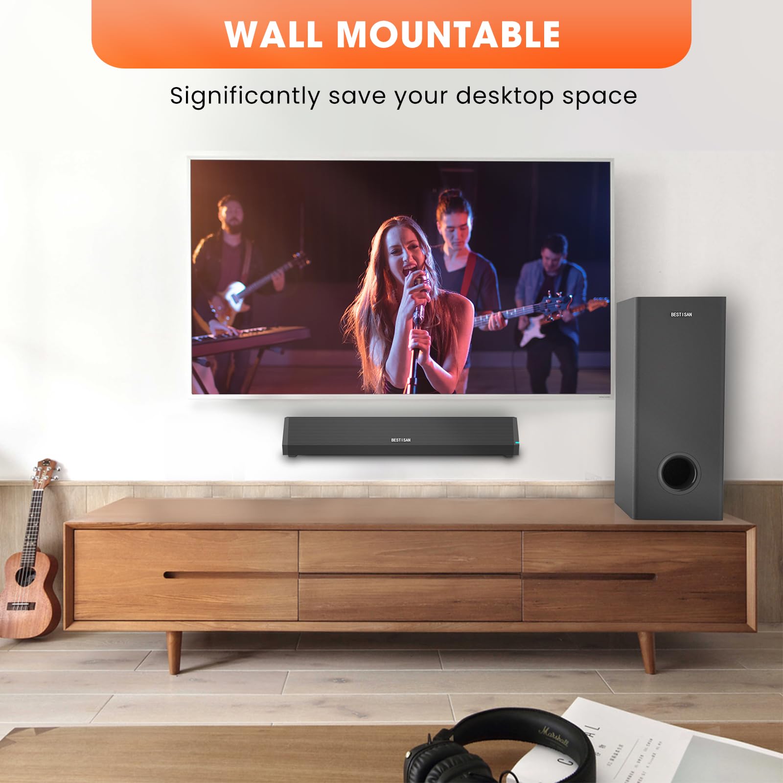 BESTISAN Barras de sonido para TV con subwoofer, 2.1 graves profundos pequeña barra de sonido para monitor de TV, altavoz de cine en casa, sistema de sonido envolvente para juegos de PC con conexión