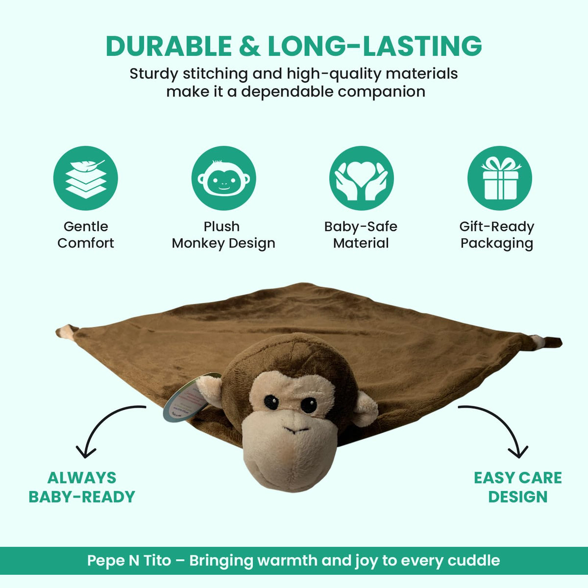 Pepe n Tito - Manta de seguridad para bebé, 45 cm de alto, suave forro polar, manta para bebé para niños y niñas, manta calmante con peluche de animal, Mono marrón
