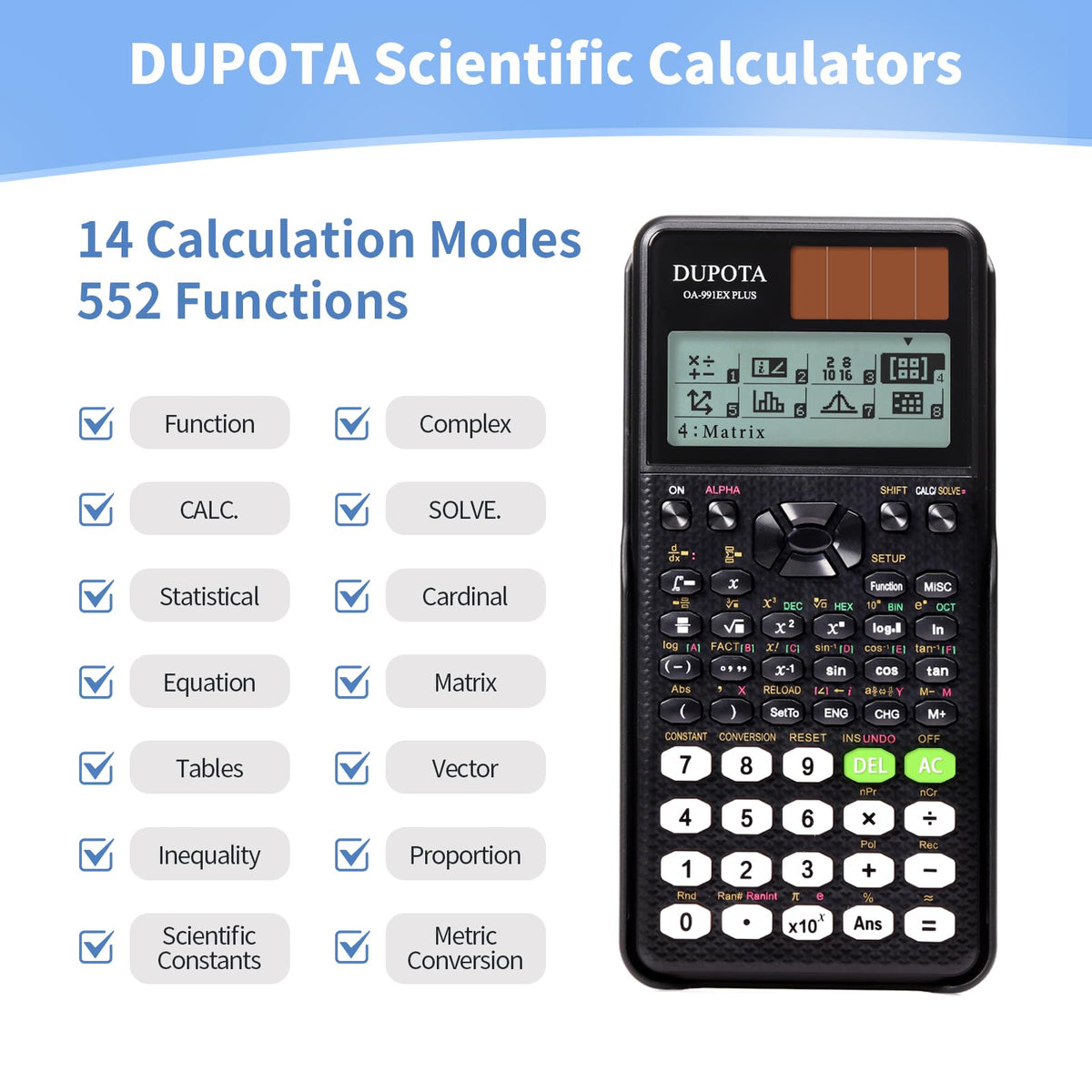 Calculadora Científica DUPOTA OA-991EX Negro Pantalla Solar y Batería 552 Funciones para Estudiantes y Profesores