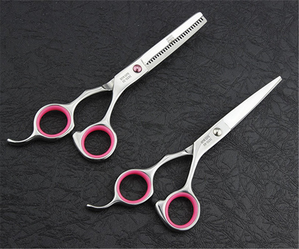 Tijeras profesionales para cortar el pelo, juego de tijeras de peluquería, kit de adelgazamiento de pelo familiar, herramienta de corte de pelo de peluquería, textura de adelgazamiento, rosa, 6 pulgadas