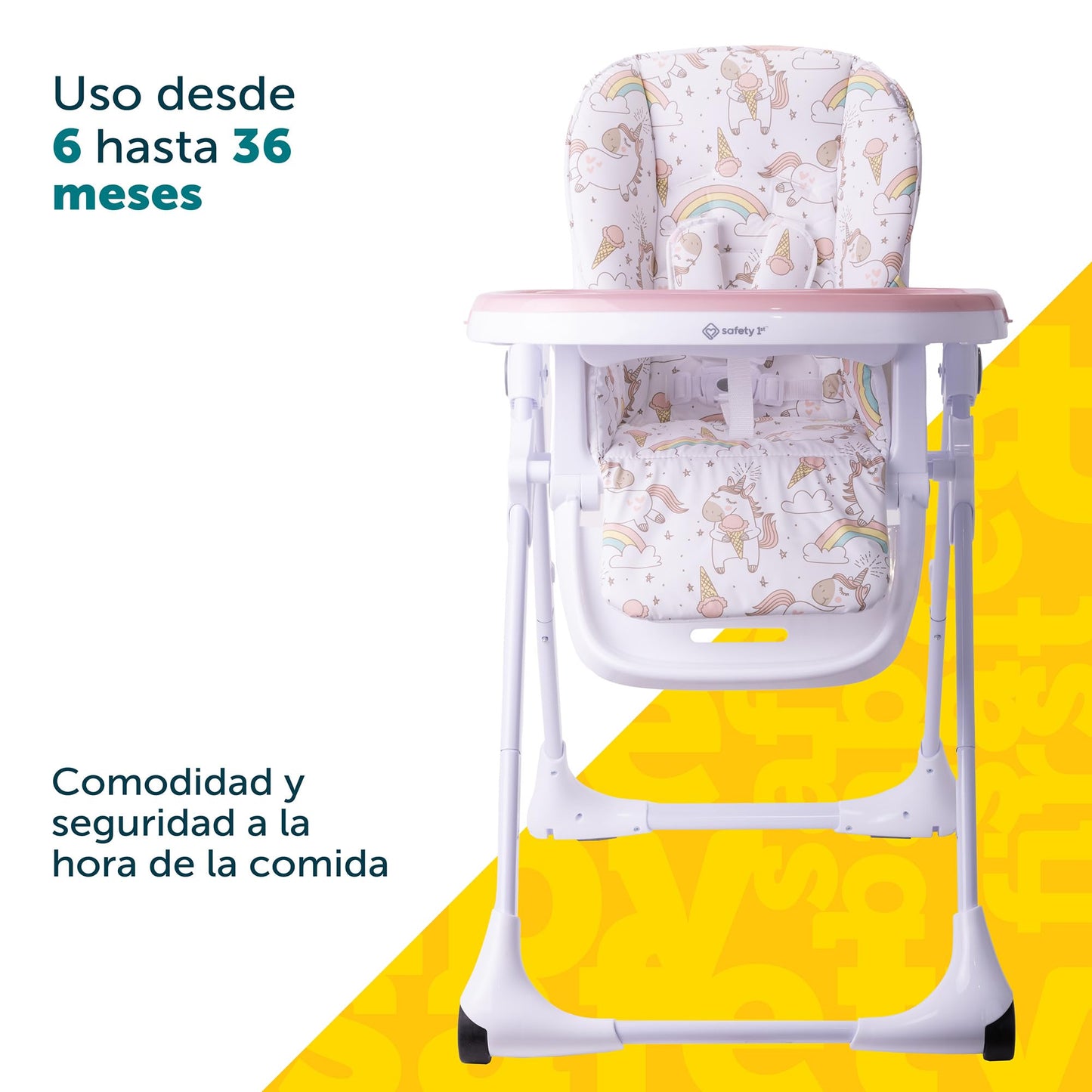 Safety 1st Silla Alta Periquera Tavola, Unicornios, 7 posiciones de altura, 3 de reclinación, reposapiés ajustable, doble charola, plegado compacto.