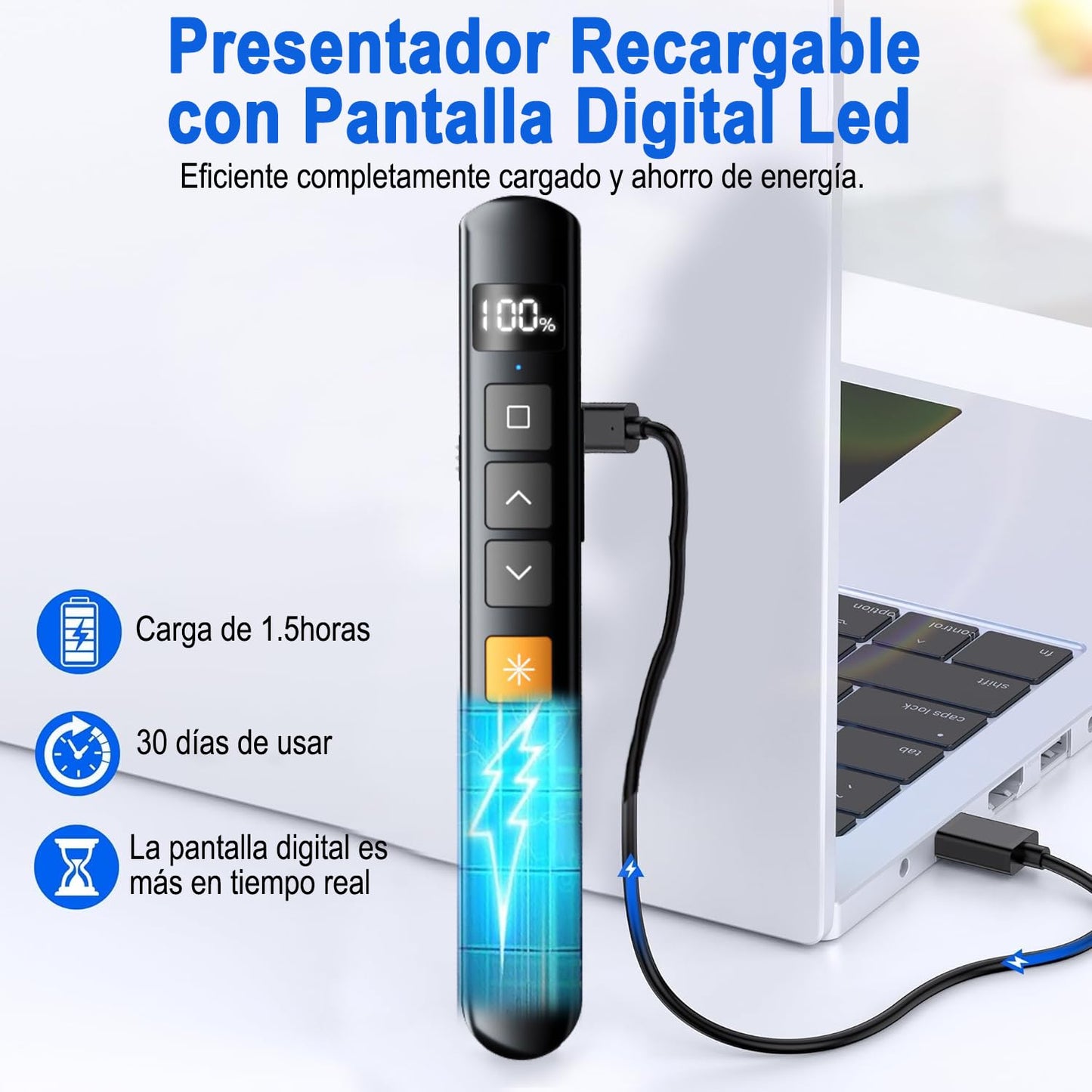 Presentador Inalámbrico LED USB Recargable con Pantalla Digital y Control de Volumen para Presentaciones en Windows y Mac