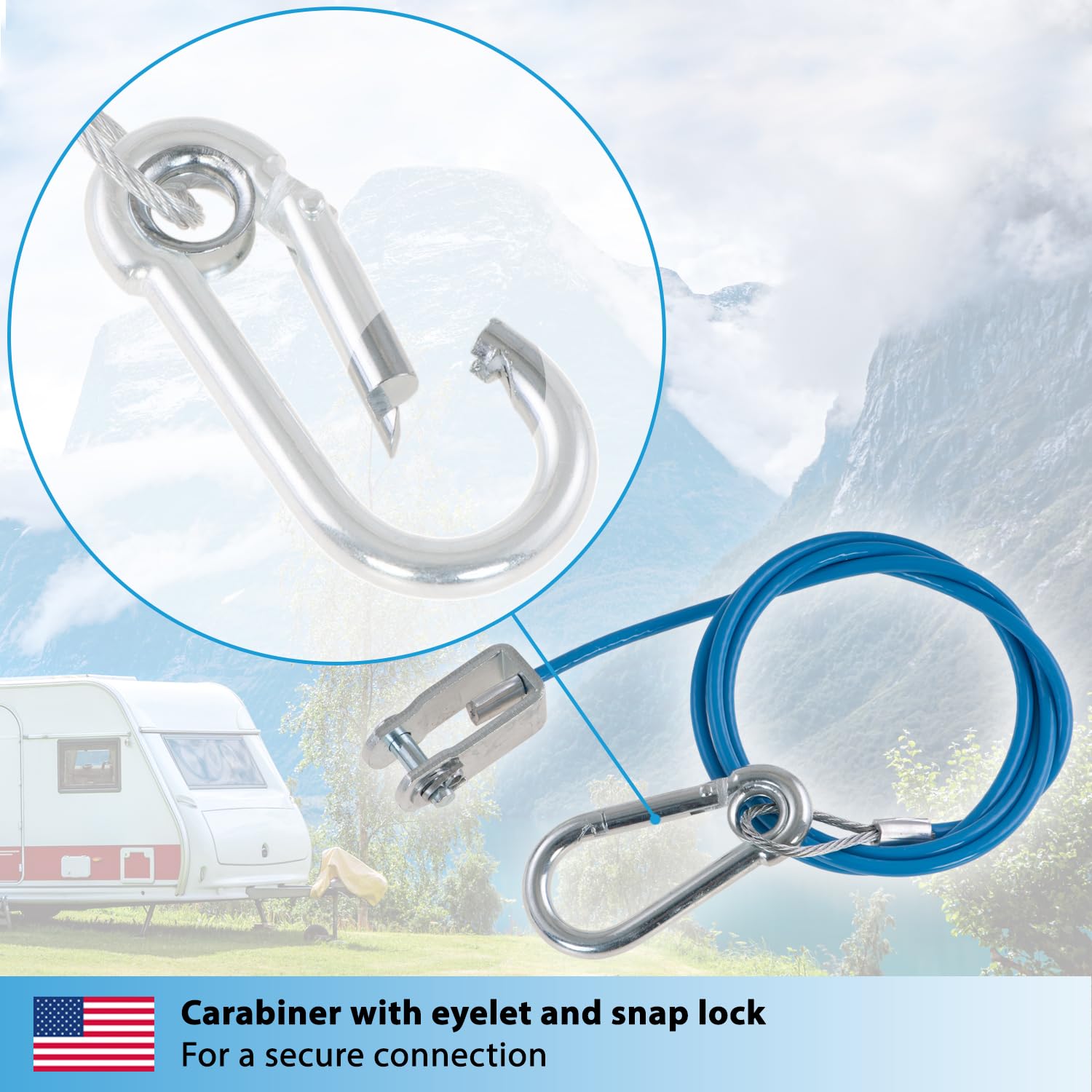 Valonic Cable Breakaway para remolques y caravanas, 1 m, azul, con mosquetón, 250 kg de resistencia a la rotura, cable Breakaway con cabeza de horquilla (grillete), Ripcord, cable Breakaway