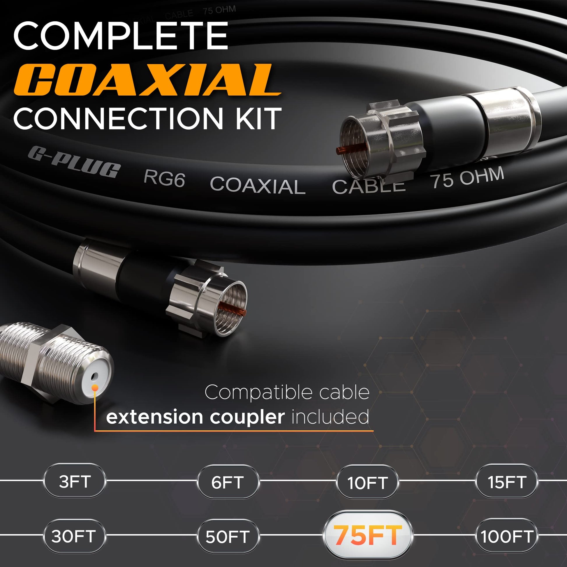 G-PLUG Cable Coaxial RG6 75 Ohm, Triple Blindaje, Conectores F Tipo Macho a Macho, Cable Antena TV, Satelital e Internet Banda Ancha, Incluye Acoplador F81, Negro
