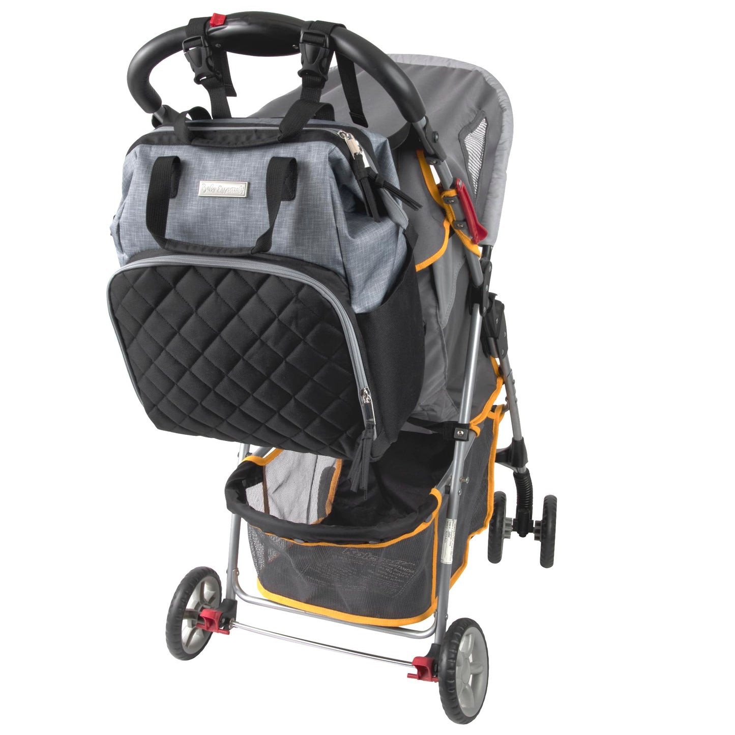 Baby Essentials - Mochila de pañales con marco principal súper enfriadora con cambiador, correas para carriola, compartimento aislado para botellas, Negro/Gris, Mediano, Mochila para pañales