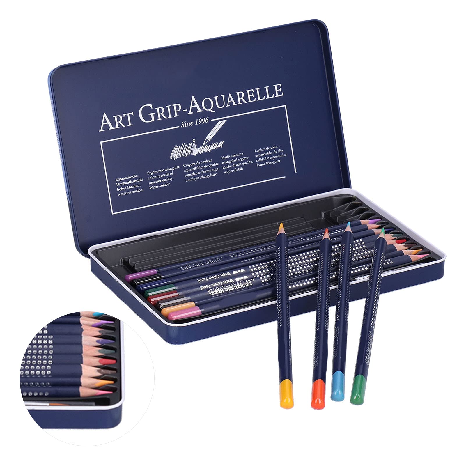 Lápices de Acuarela, Juego de Lápices de Colores Solubles en Agua, Lápices de Colores con Pintura de Troncos Triangulares Gruesos con Caja de Hierro(12 colores)