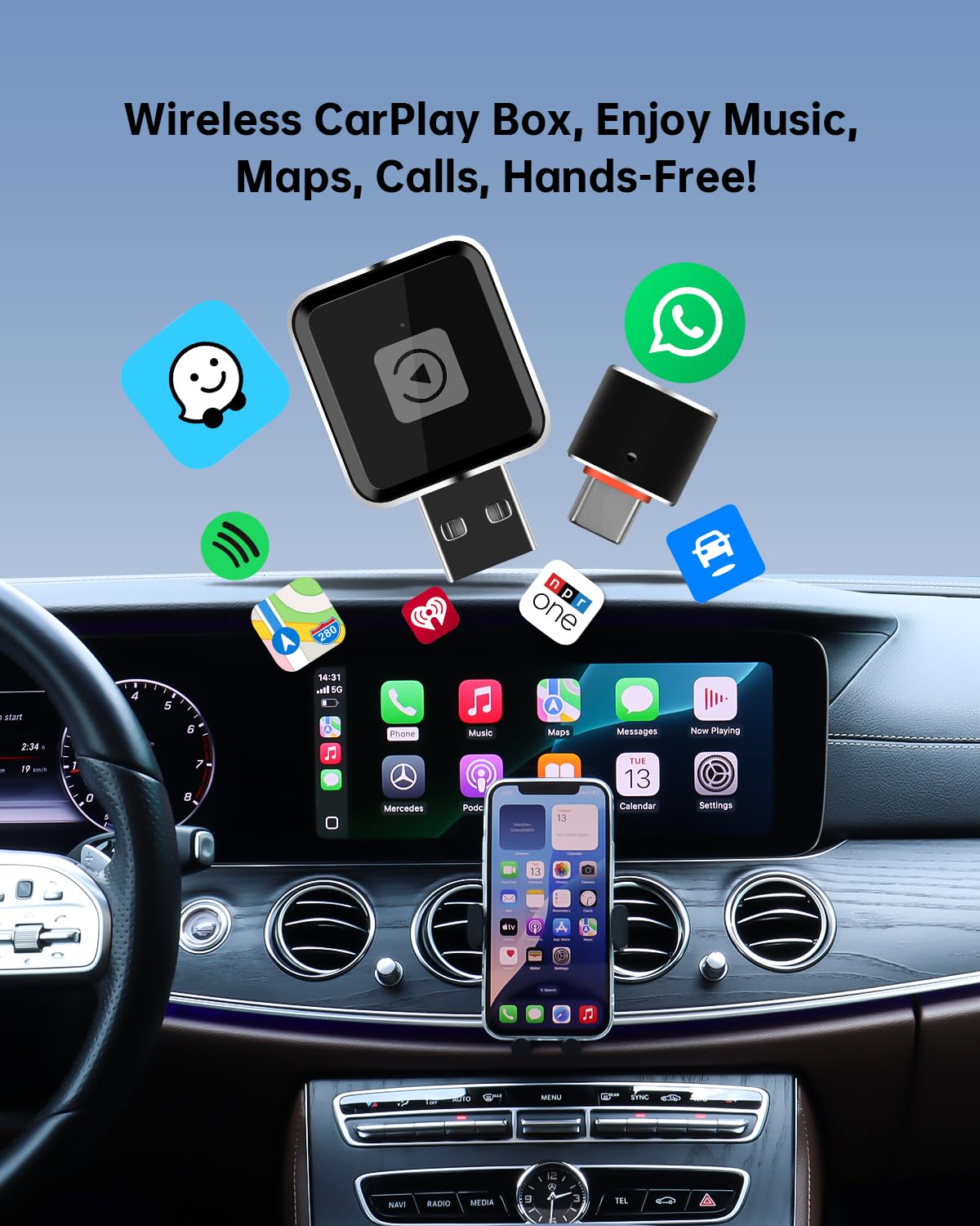 Adaptador Inalámbrico ViaBecs 2025 para Apple CarPlay iPhone 6+ Wi-Fi Doble Banda