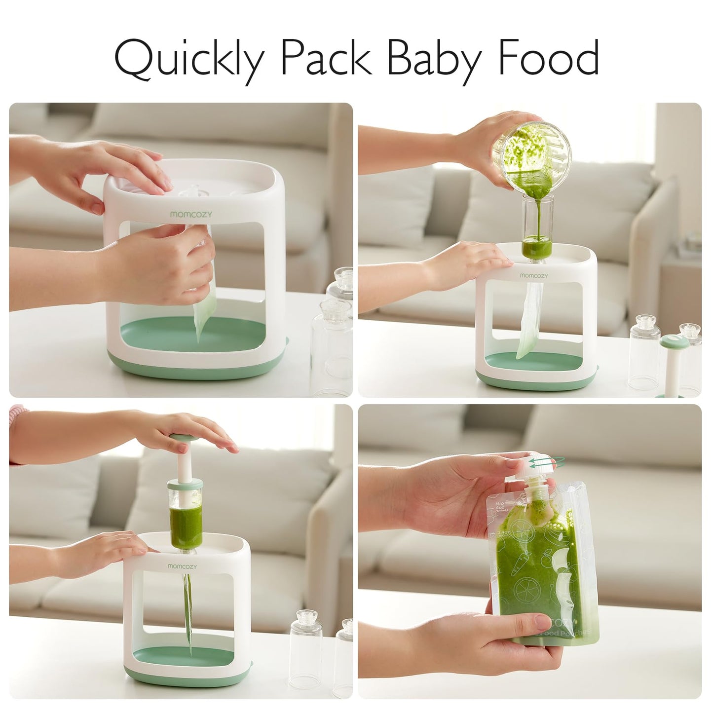 Momcozy – Estación de Compresión y Rellenado para Comida de Bebé y Purés Caseros, Libre de BPA, Apta para Lavavajillas, con Bolsas Reutilizables para Bebés y Niños Pequeños, Fácil y Práctico