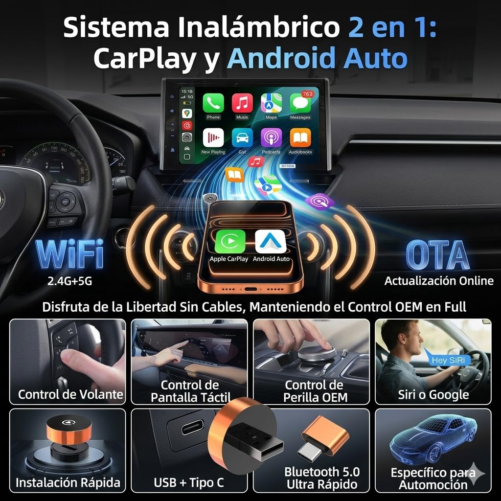 Adaptador Inalámbrico LEGASTACAR Blanco con Bluetooth 5.0 y WiFi Dual Band para Auto
