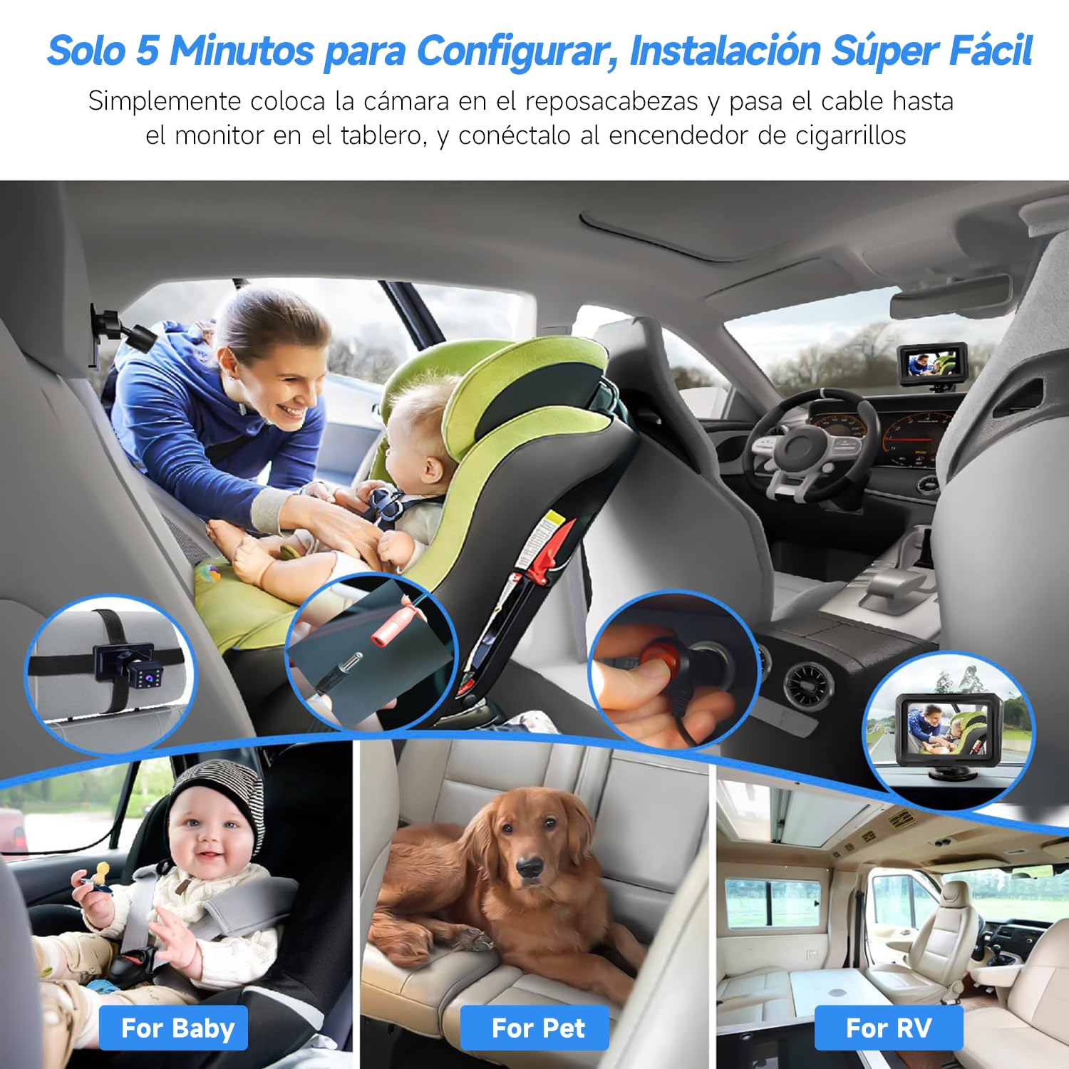 Muja Cámara Coche Bebé Asiento Trasero, Pantalla HD de 4.3 Pulgadas 1080p, Espejo Retrovisor para Cochecito de Bebé, El Coche con Cámara Giratoria de 360°, Lente Gran Angular de 150°