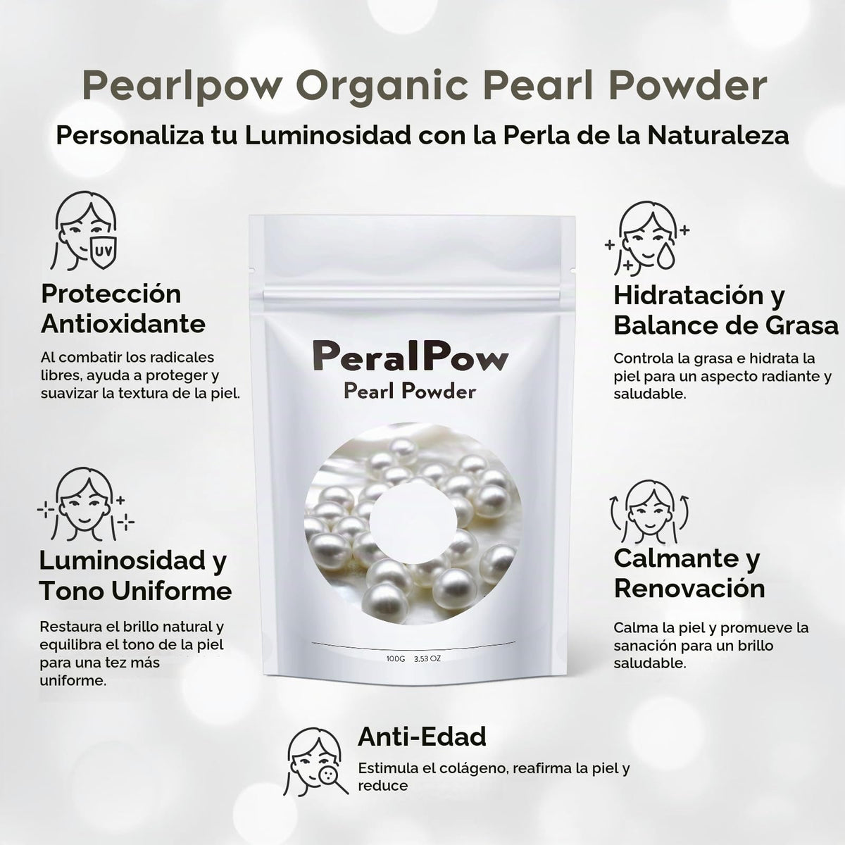 Peralpow Polvo De Perla Orgánico 100 G 100% Natural Cuidado De La Piel Casero Antienvejecimiento Minimiza Los Poros Calma(100 G)