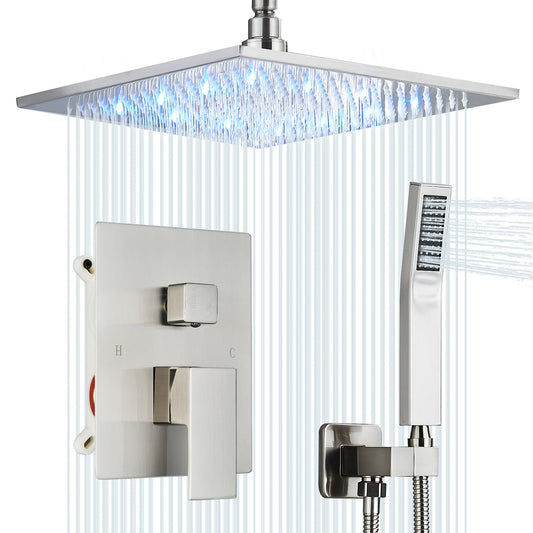 Sistema de Ducha LED de 12 Pulgadas SUS304 Níquel con Válvula y Spray de Mano cuadrado