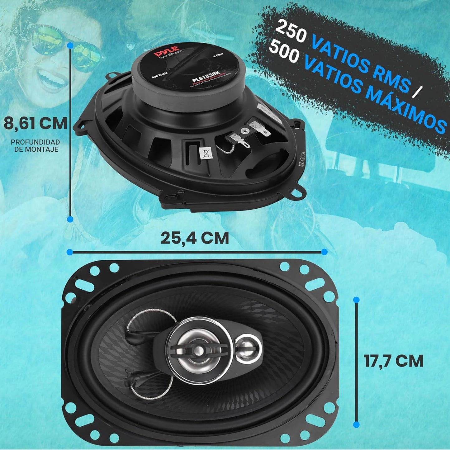 Pyle Par de Bocinas para Coche 6" x 9", 500W, 4 Vías, Altavoz Quadriaxial de Audio Profesional para Automóvil, Componente de Reemplazo Rápido Universal OEM para Montaje en Puerta/Panel Lateral