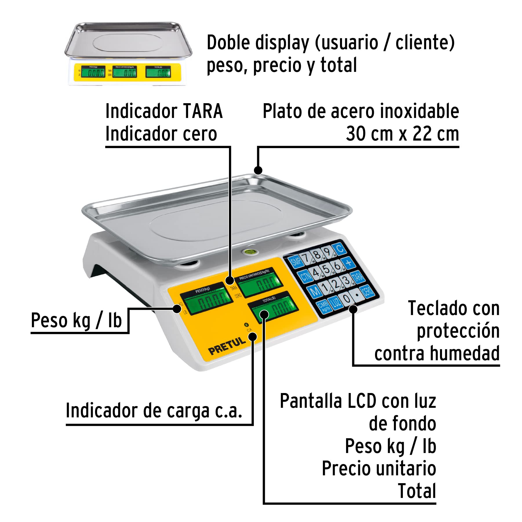 Báscula Electrónica Pretul BASE-30P Multifuniciones 30kg batería Recargable