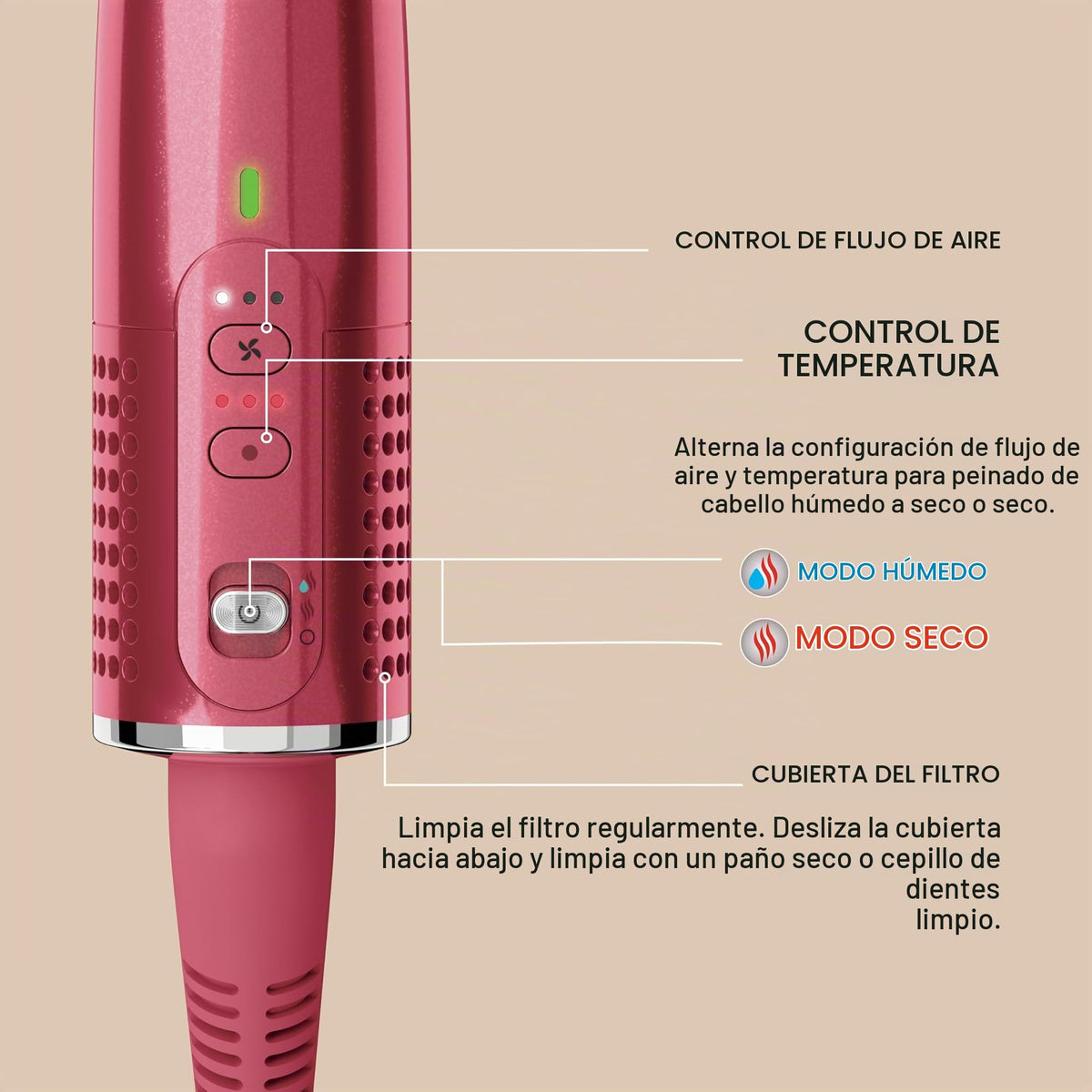 Herramienta Caliente 2 en 1 Shark Glossi Frambuesa con Glosser de Aire y Cerámica Controlada por Calor