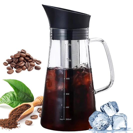 Cafetera Cold Brew Vidrio, Cafe Frio Maquina, 1.2 L/40 oz Jarra de Vidrio con Filtro de Acero Inoxidable Extraíble, Sin BPA, Jarra de Café Duradera con Tapa Hermética para Café Helad y Té Frío