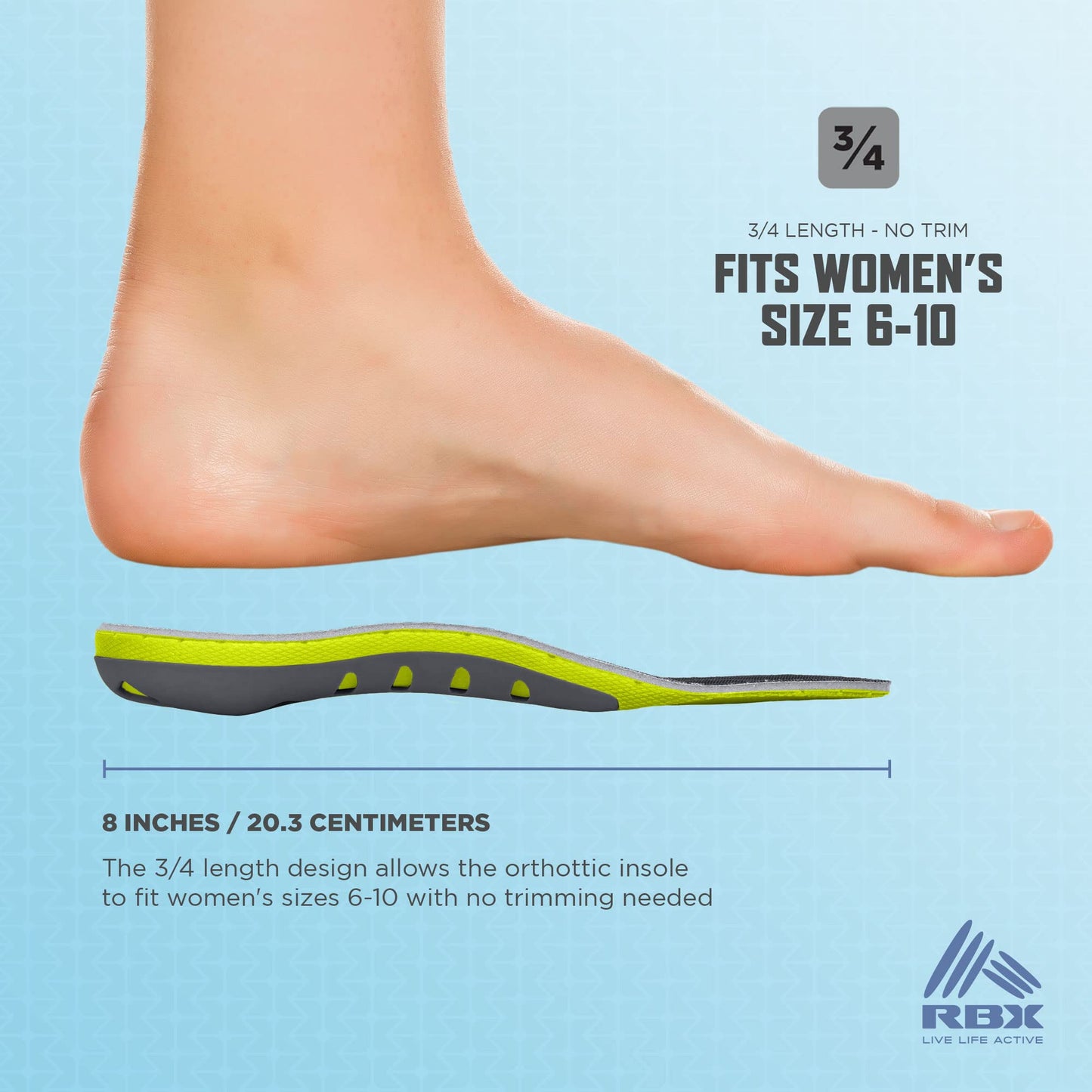 RBX Plantillas ortopédicas para fascitis plantar, tamaño 3/4 para mujer (lima)