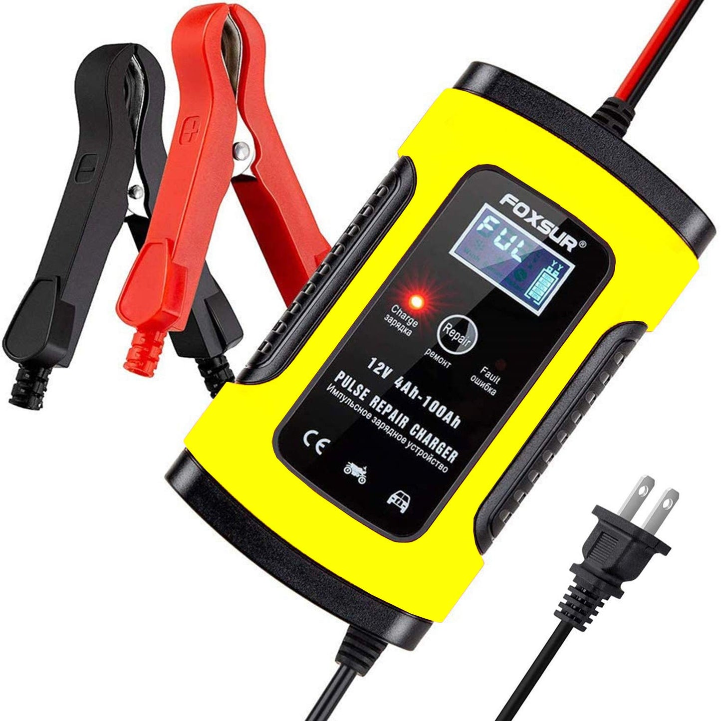 FOXSUR Cargador y mantenedor de batería de coche, 12 V 5 amperios, completamente automático, cargador de batería inteligente con visualización LCD, utilizado para cargar, mantener y reparar baterías