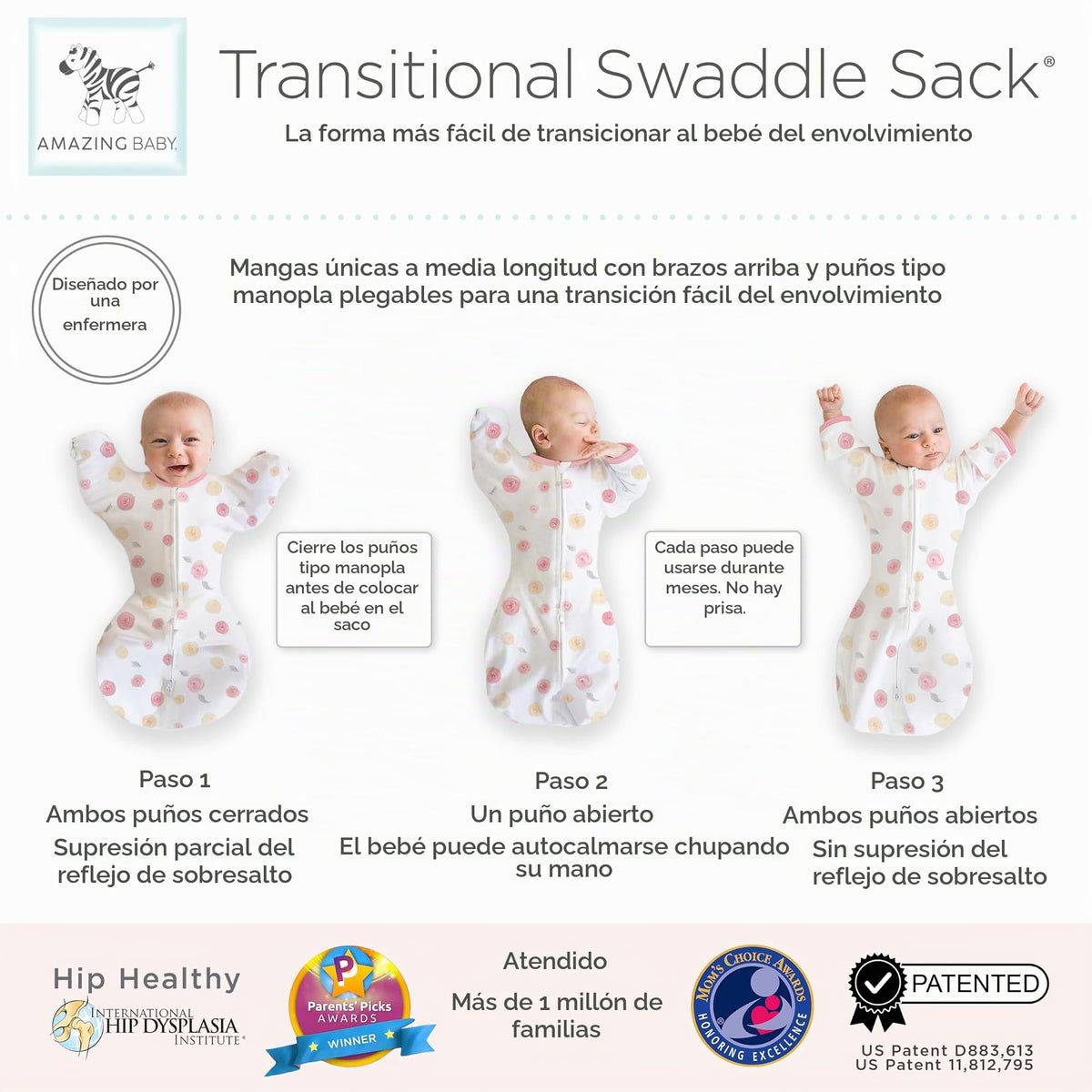 Increíble saco de transición para bebé, mangas de media longitud y puños de manopla para la transición del recién nacido al saco de dormir del bebé, manta portátil, Lrg, 6-9 meses, 20-22 libras, rosas