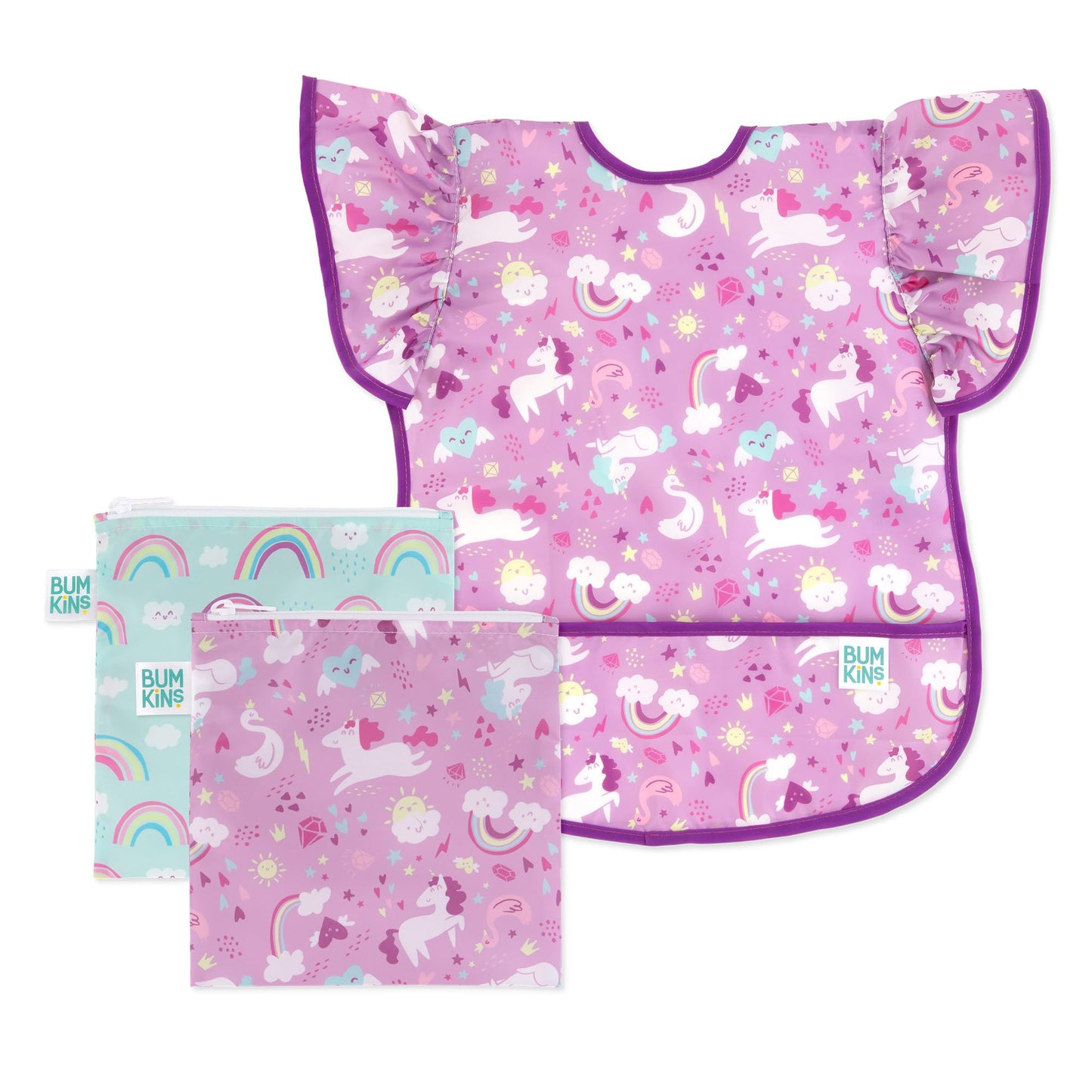 Bumkins - Delantal con volantes y 2 bolsas para sándwich, tela impermeable, unicornios y arco iris