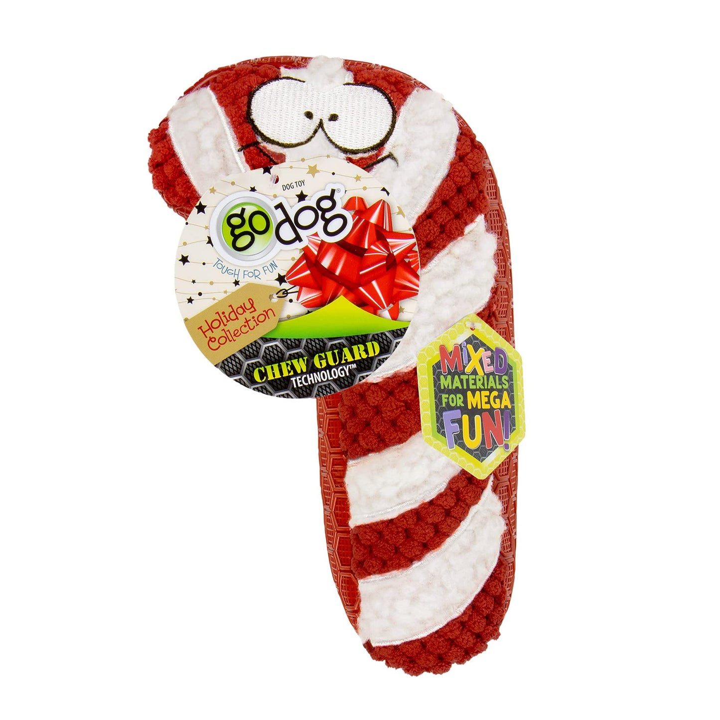 goDog Holiday Collection TPE Peluche de bastón de Caramelo chirriante para Perro, tecnología de protección masticable, Rojo/Blanco, Talla única