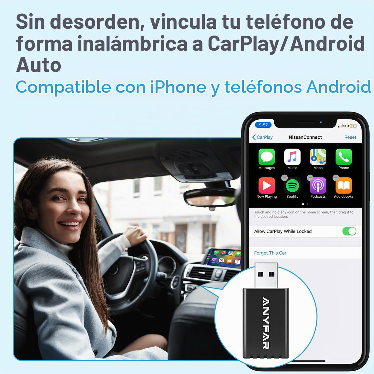 Adaptador inalámbrico CarPlay ANYFAR iPhone con Chip 5G Doble Núcleo para Coches 2016+
