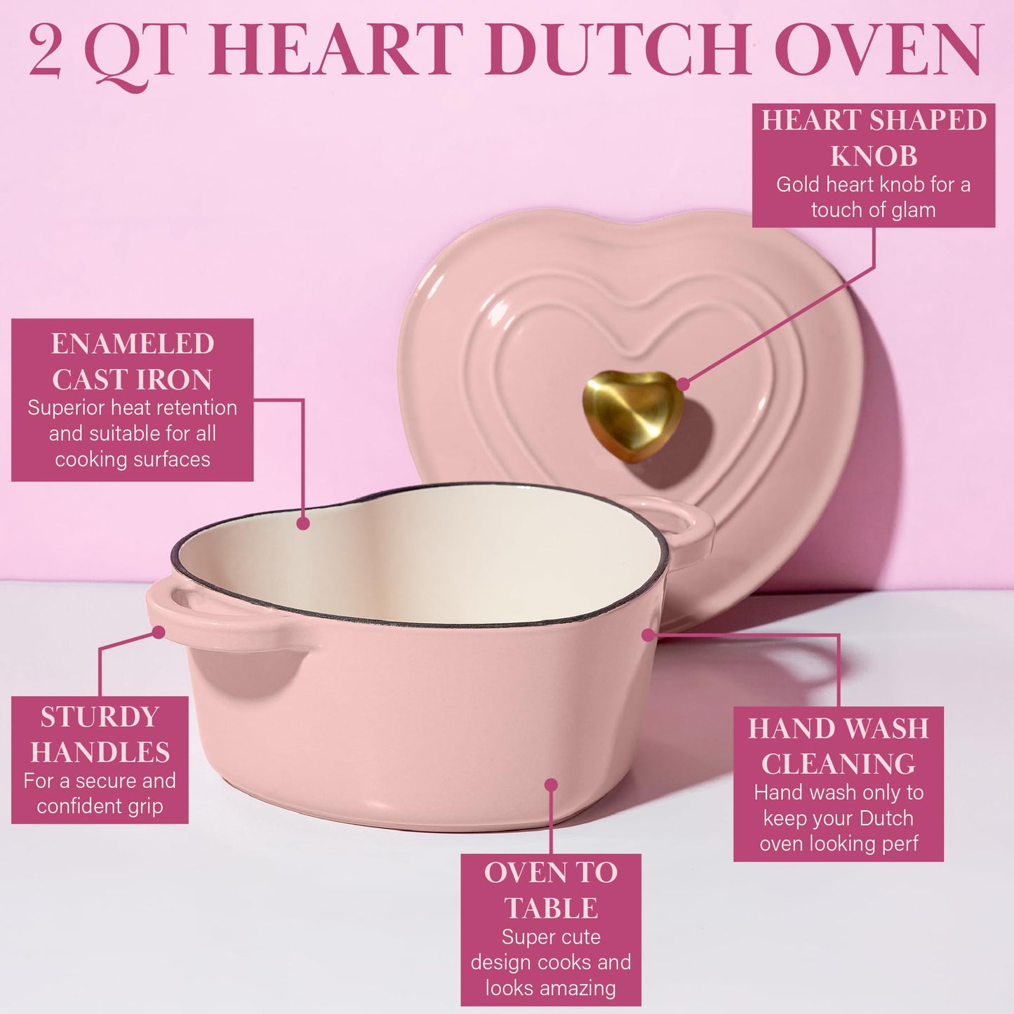 Paris Hilton - Olla en forma de corazón para horno holandés esmaltado con tapa, asas dobles, funciona en todas las estufas, apta para horno a 500 °F, 2 cuartos de galón, rosa