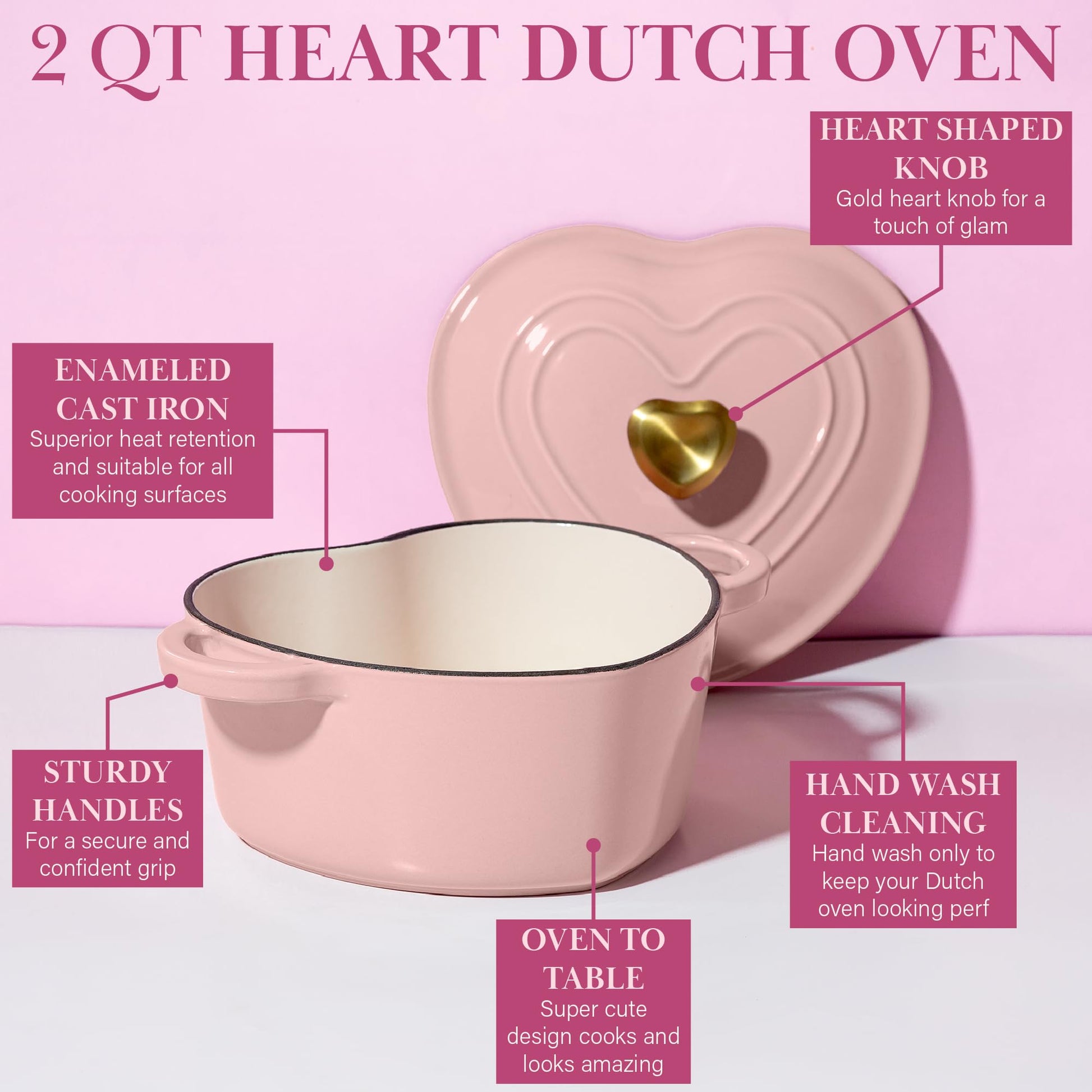Paris Hilton - Olla en forma de corazón para horno holandés esmaltado con tapa, asas dobles, funciona en todas las estufas, apta para horno a 500 °F, 2 cuartos de galón, rosa