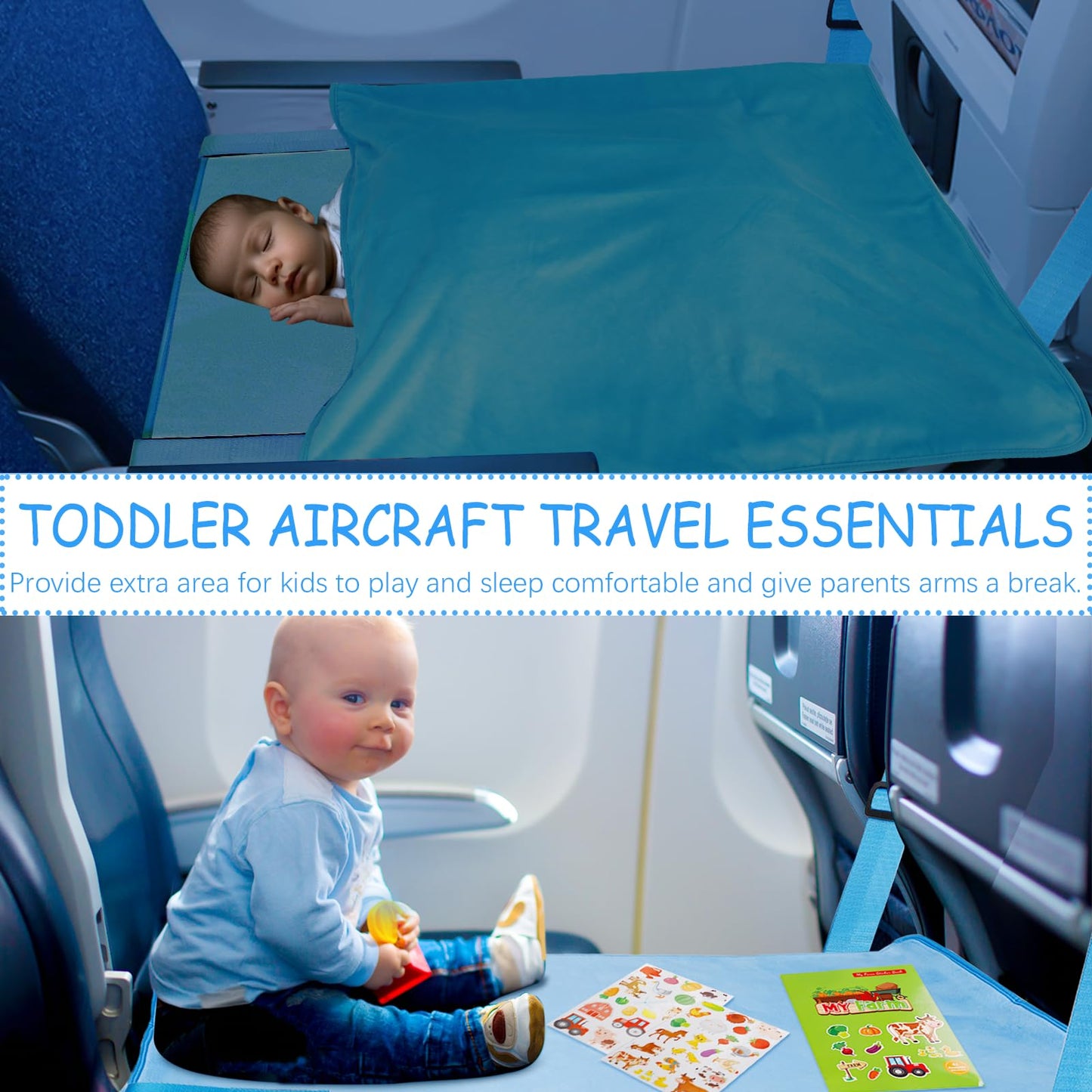 Untree - Cama de avión para niños pequeños con manta, extensor de asiento de avión para niños, artículos esenciales de viaje, color azul