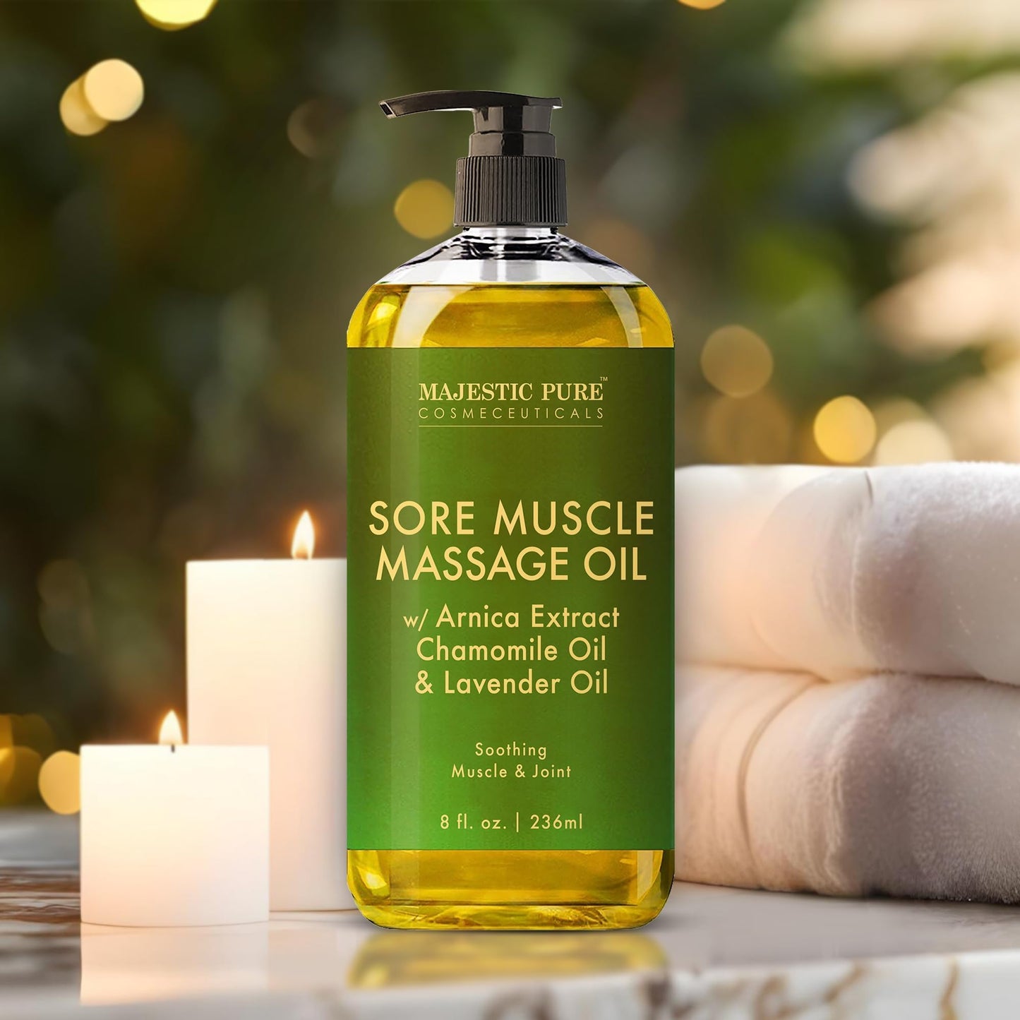 MAJESTIC PURE Aceite de masaje muscular Arnica Sore para articulaciones y músculos por Majestic Pure – Alivia el dolor, los músculos cansados, nutritivo e hidratante, 8 onzas líquidas. Oz, Paquete individual