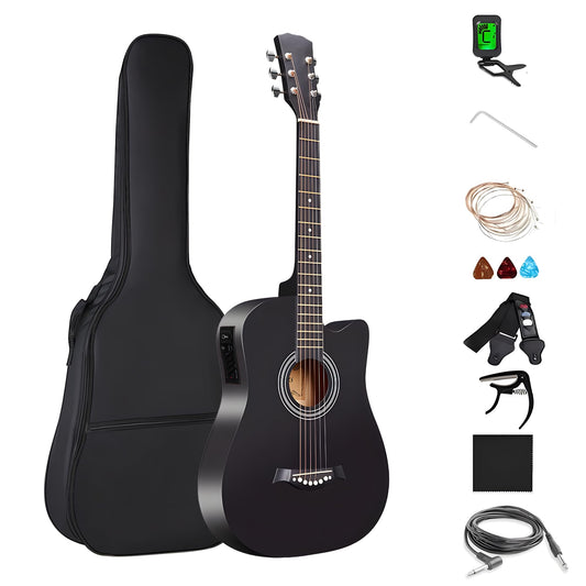 JUHANI Guitarra Eléctrica y Acústica de 38 Pulgadas, Fabricada Sobre Madera de Tilo 18Trastes, Con Estuche Kit Accesorios, Correa,Cuerdas Extra Metal, Afinador, Pastilla, Adulto &Nino (Nergo)