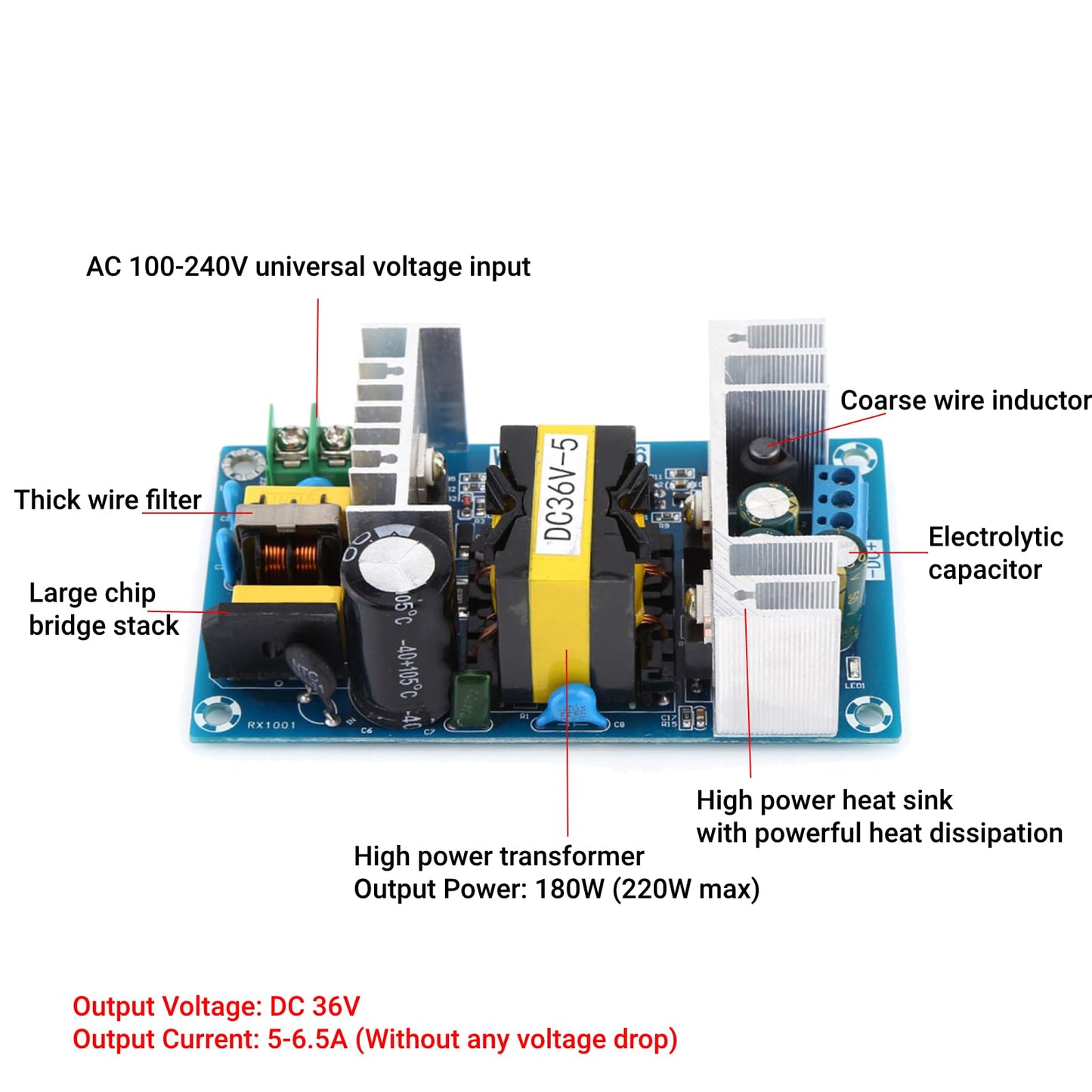 Convertidor Reductor Walfront 36V 180W AC-DC AC100V-240V a DC 36V Módulo de Placa de Fuente de Alimentación Conmutada