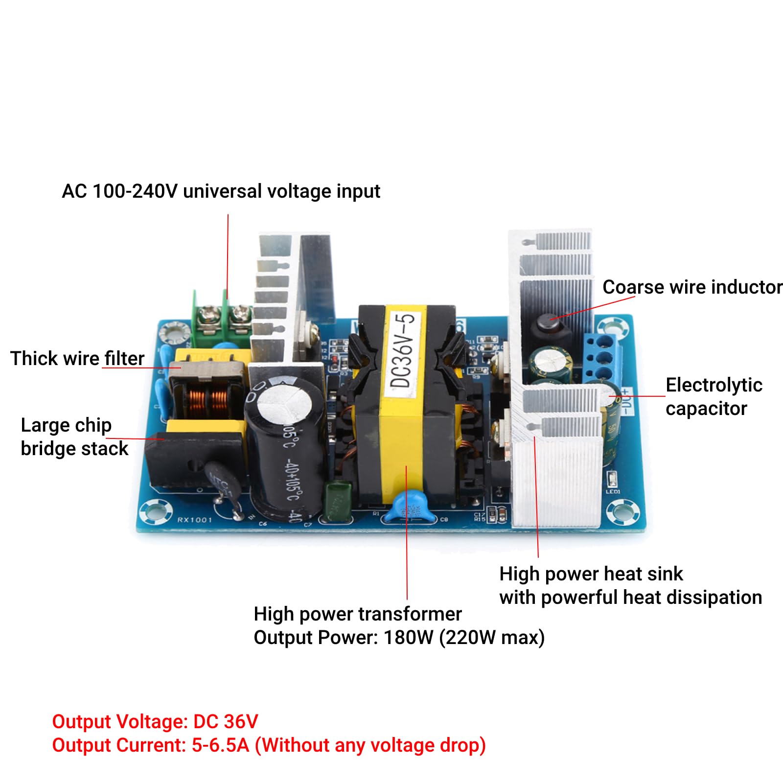 Convertidor Reductor Walfront 36V 180W AC-DC AC100V-240V a DC 36V Módulo de Placa de Fuente de Alimentación Conmutada