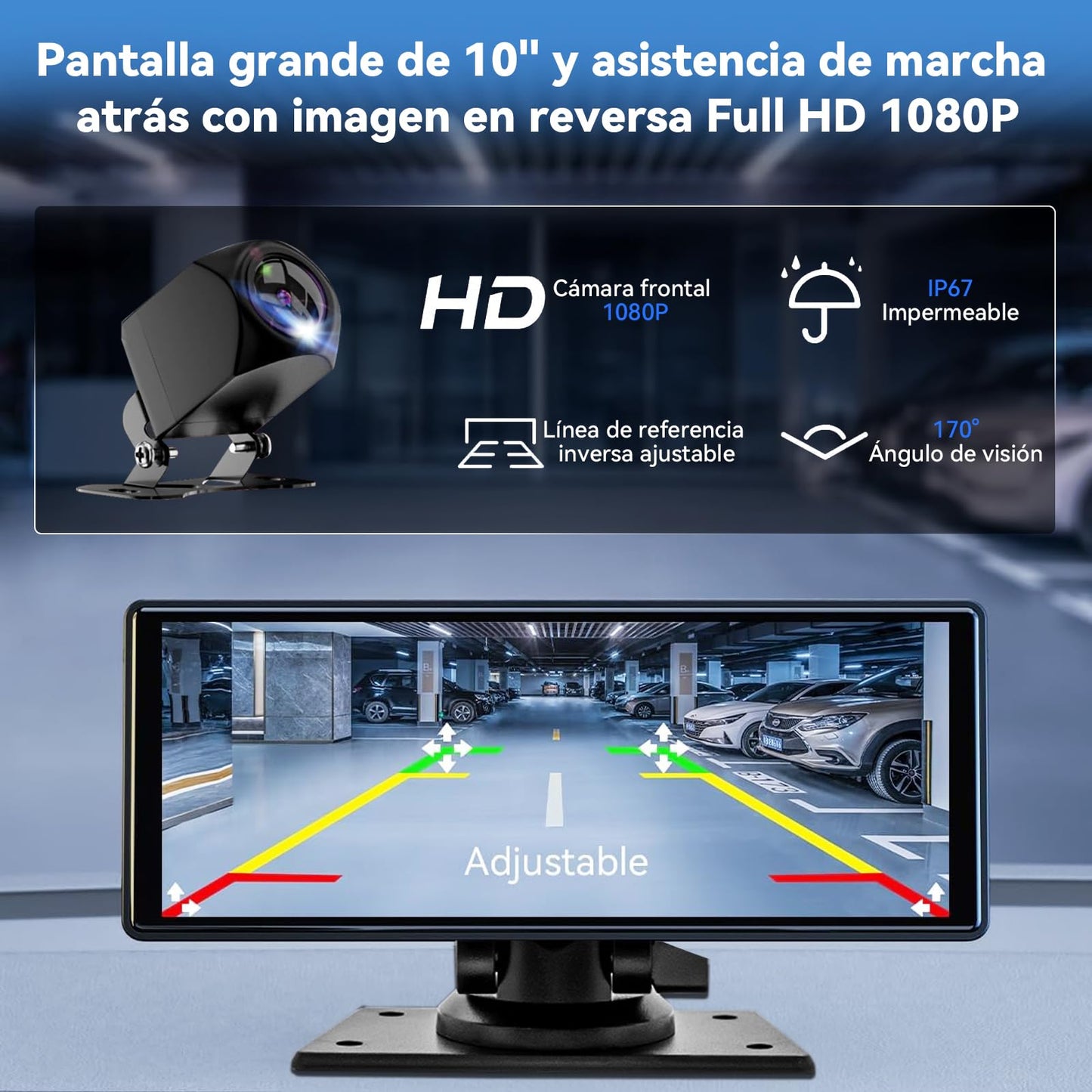 LINGLUCKY 10.26" Autoestéreo para Carro Portátil con Dashcam 2K，CarPlay Inalámbrico, Android Auto, WiFi, GPS, Bluetooth, Mirror Link y Cámara Trasera, Compatible con Todos los Vehículos