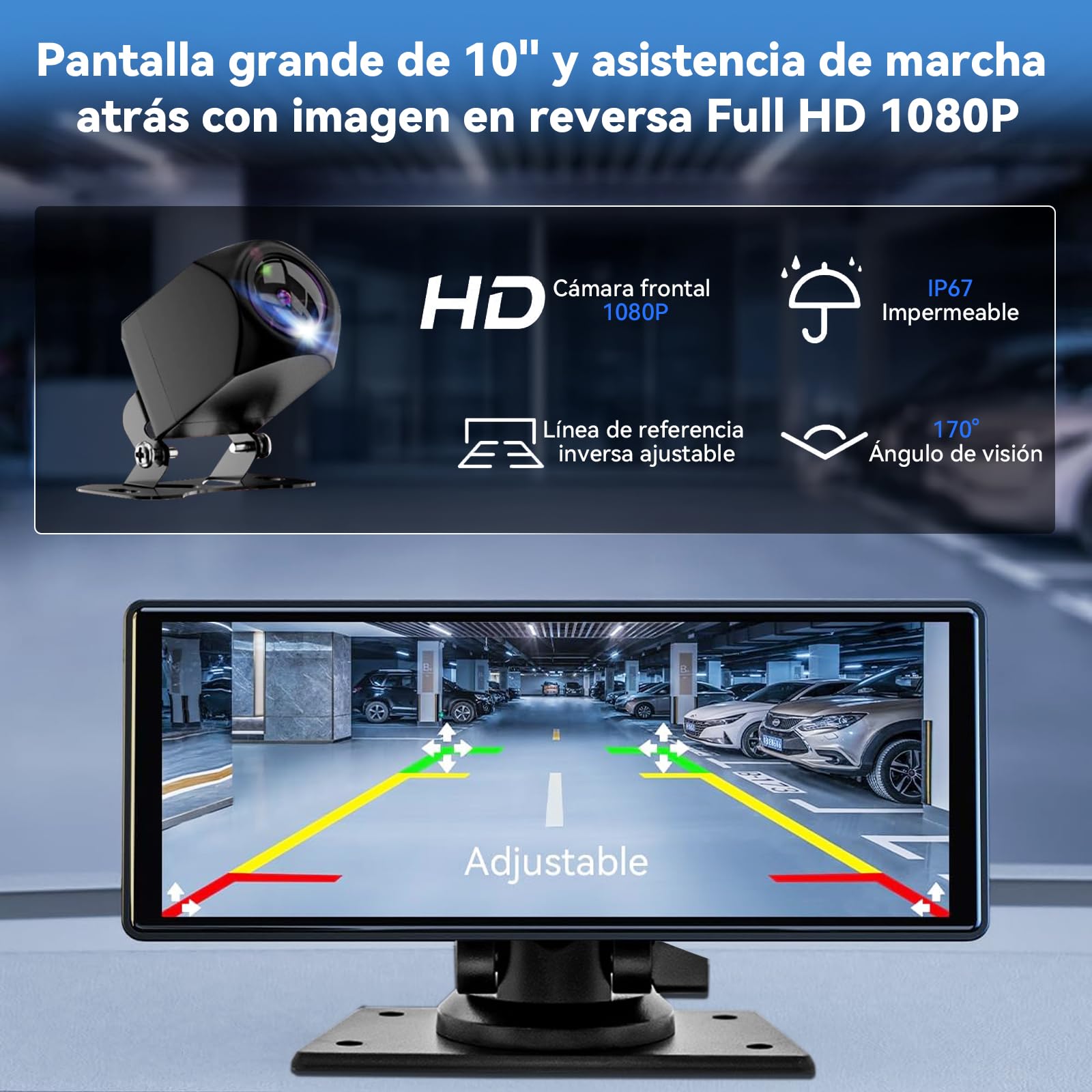 LINGLUCKY 10.26" Autoestéreo para Carro Portátil con Dashcam 2K，CarPlay Inalámbrico, Android Auto, WiFi, GPS, Bluetooth, Mirror Link y Cámara Trasera, Compatible con Todos los Vehículos