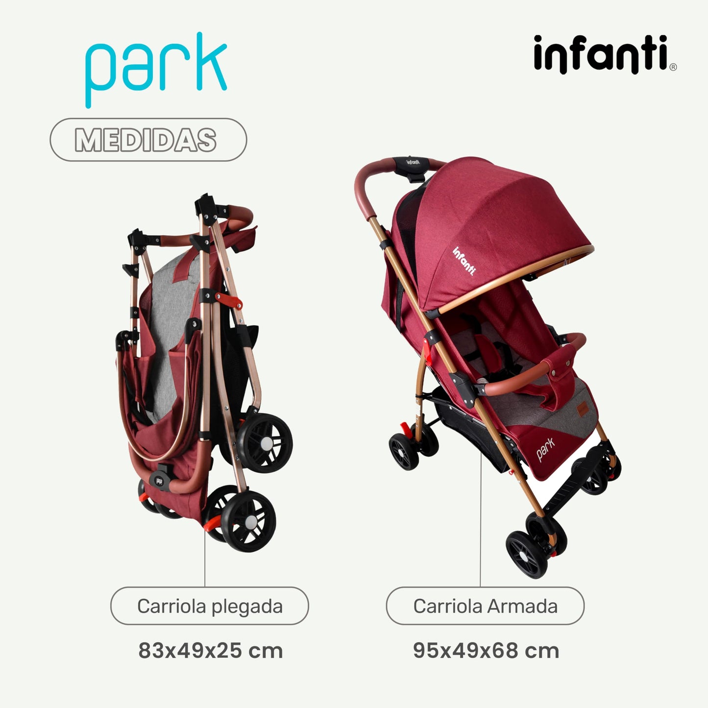INFANTI | Carriola para Bebe PARK Rojo | Carreola con Portabebé - Carriola de Viaje - Carrito para Bebe | Cosas para Bebes 6 Meses hasta 15 kg - Compacta y Plegable | Barra de Seguridad Desmontable