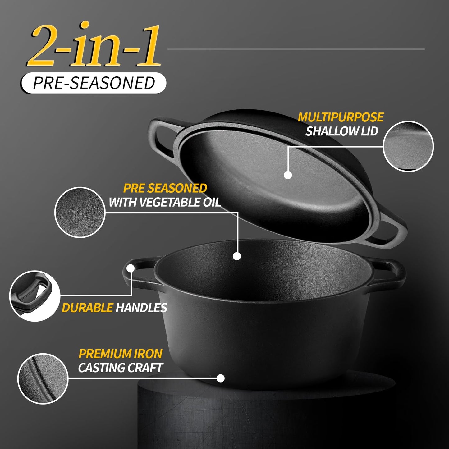 EDGING CASTING - Olla de hierro fundido presazonada 2 en 1 con tapa de sartén, sartén de hierro fundido con doble asa, para interior y exterior para pan/freír/hornear/acampar/barbacoa, 5 cuartos